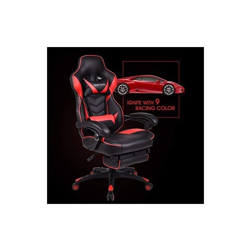Gaming Chair Racing Office - PU Leather High Back Ergonomic 170 Degree Adjustable Swivel Executive Computer Desk Task Large Size with Footrest,Headrest and Lumbar Support (Red)