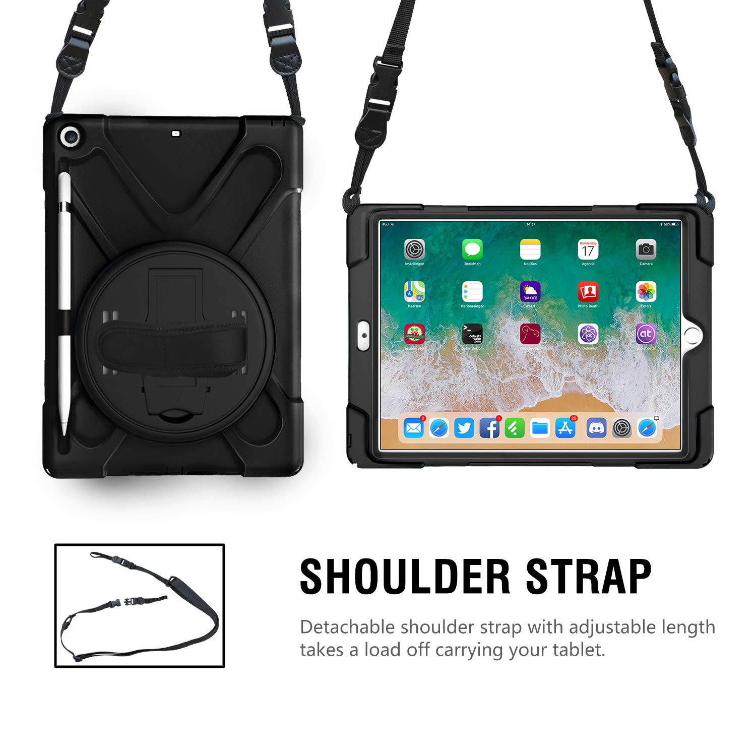 MoKo Fit 2018/2017 iPad 9.7 6th/5th Generation - Shockproof Protection Rugged Protective Heavy Duty iPad Case With 360 Degree Rotate Stand, Hand Strap, Shoulder Strap, Pencil Holder - Black