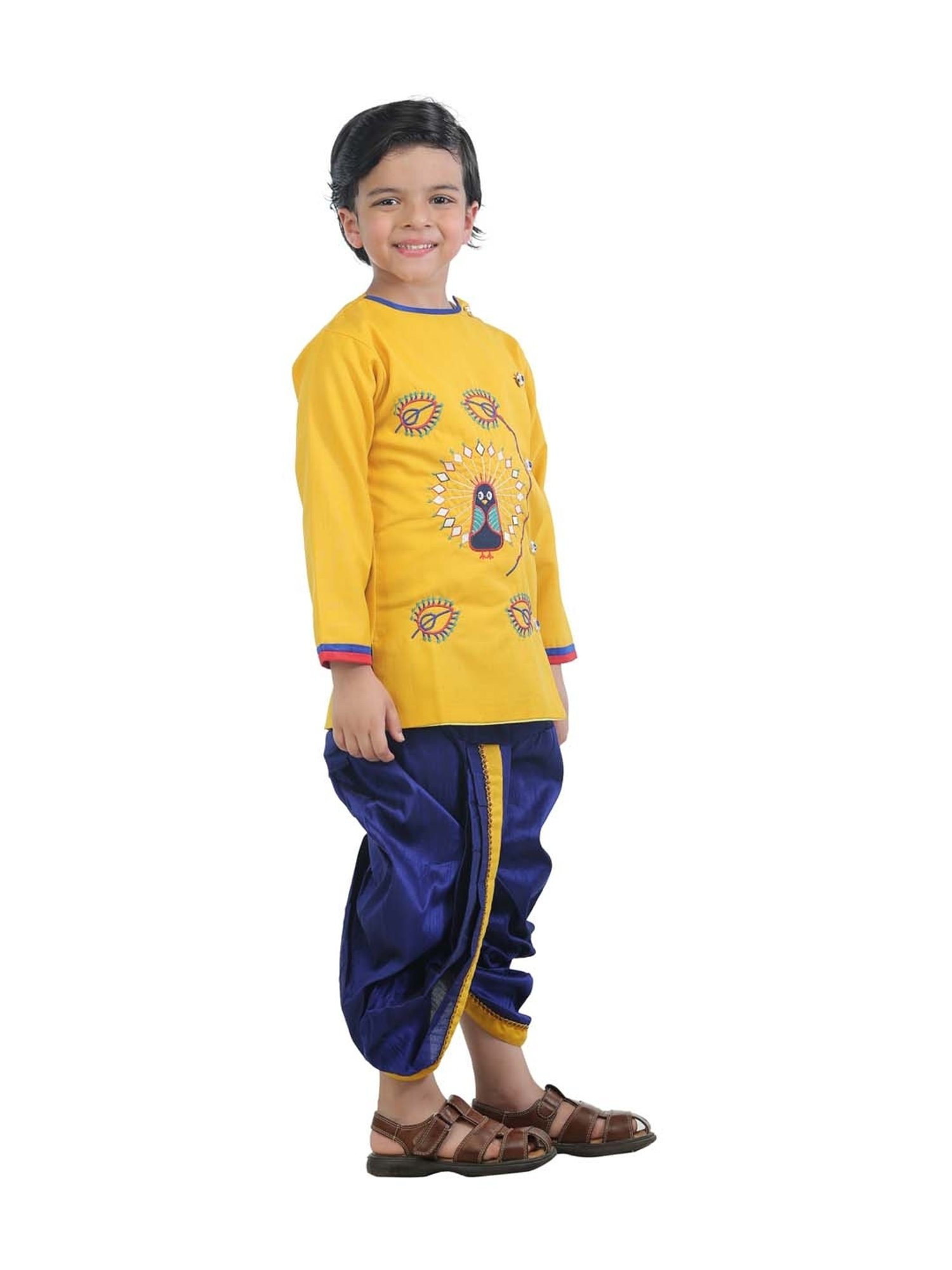 Ahhaaaa Kids Yellow & Blue Cotton Embroidered Kurta Set