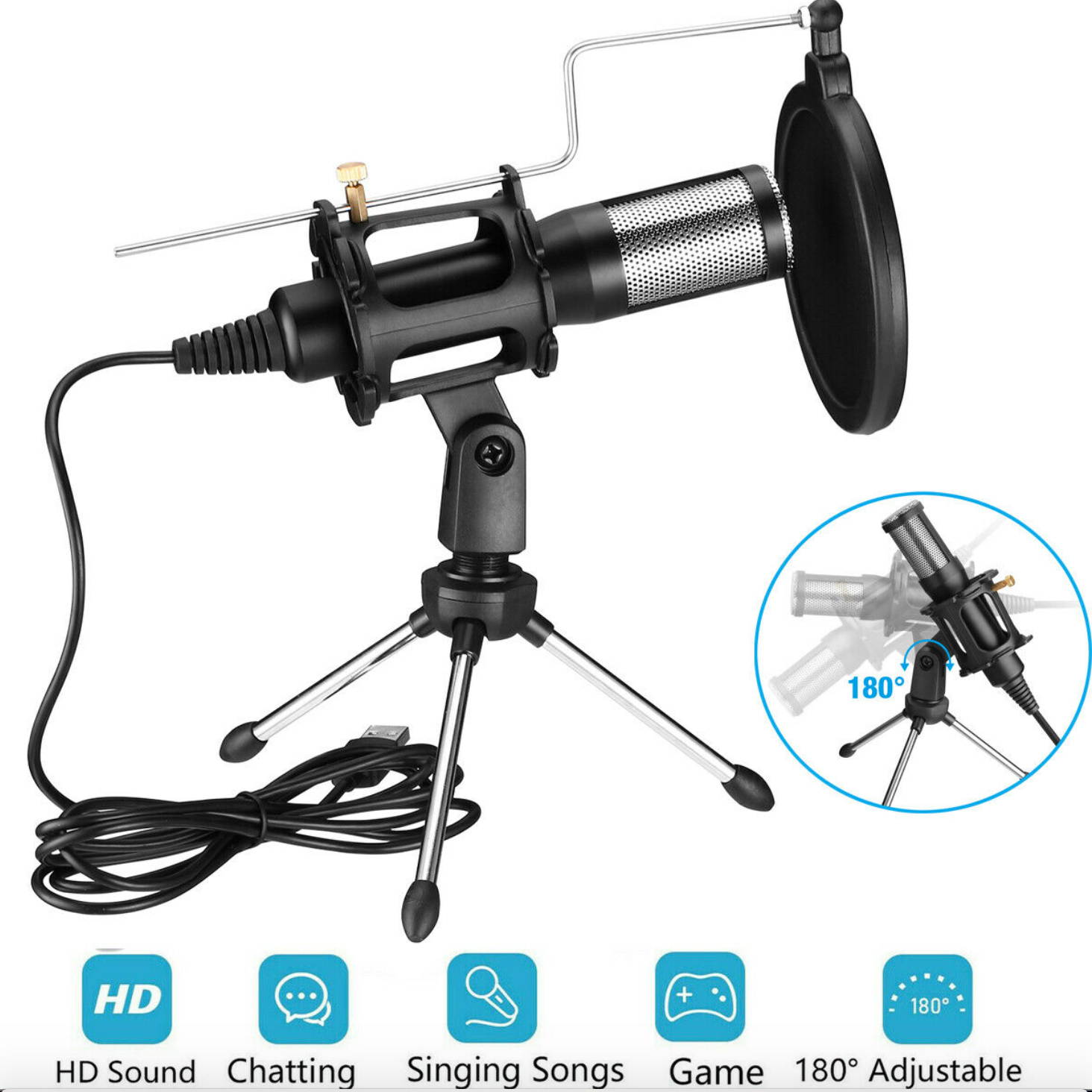 USB Condenser Microphone w/ Tripod Stand For Game Chat Audio Recording Computer