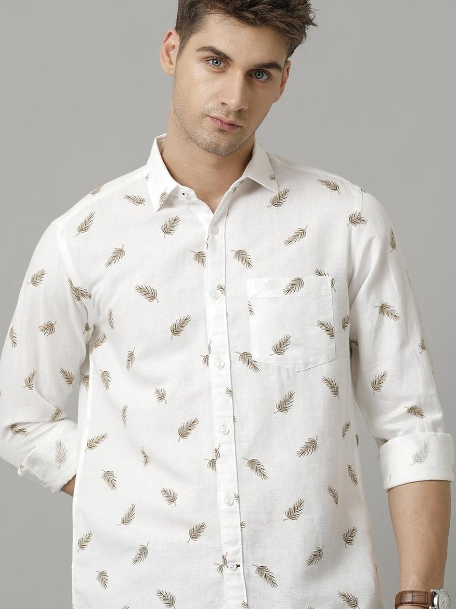 Linen Club White Linen Contemporary Fit Printed Shirt