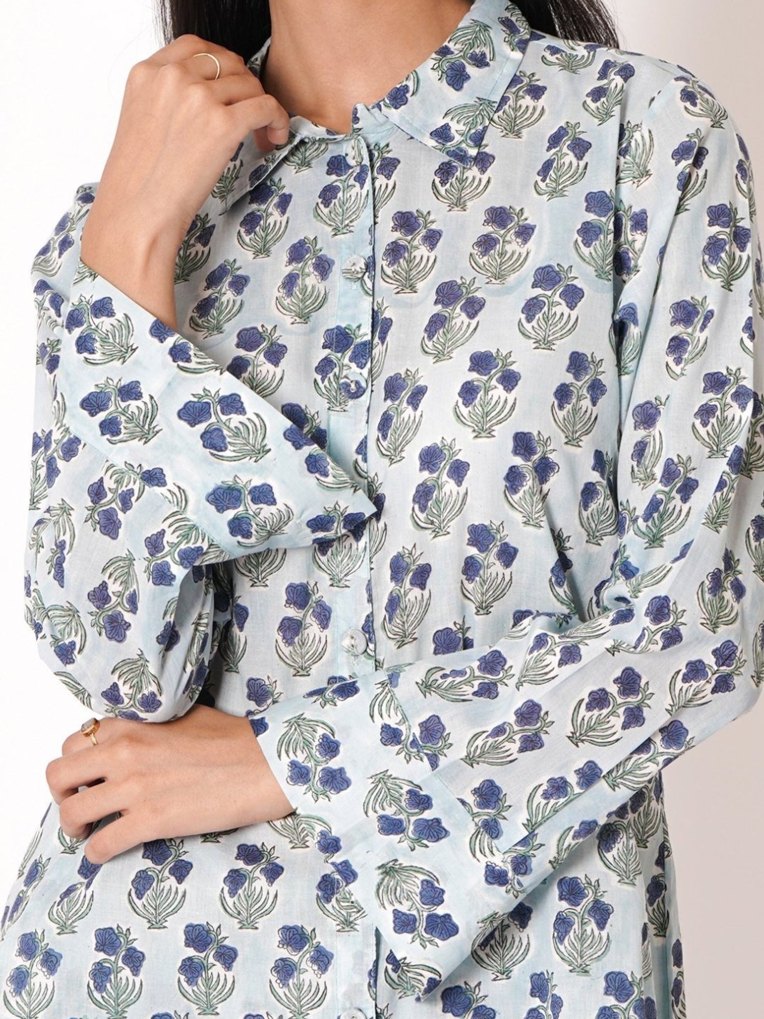 Kameez by Pooja Blue Handblock Floral Print Cotton Co-ord Set (Set of 2)