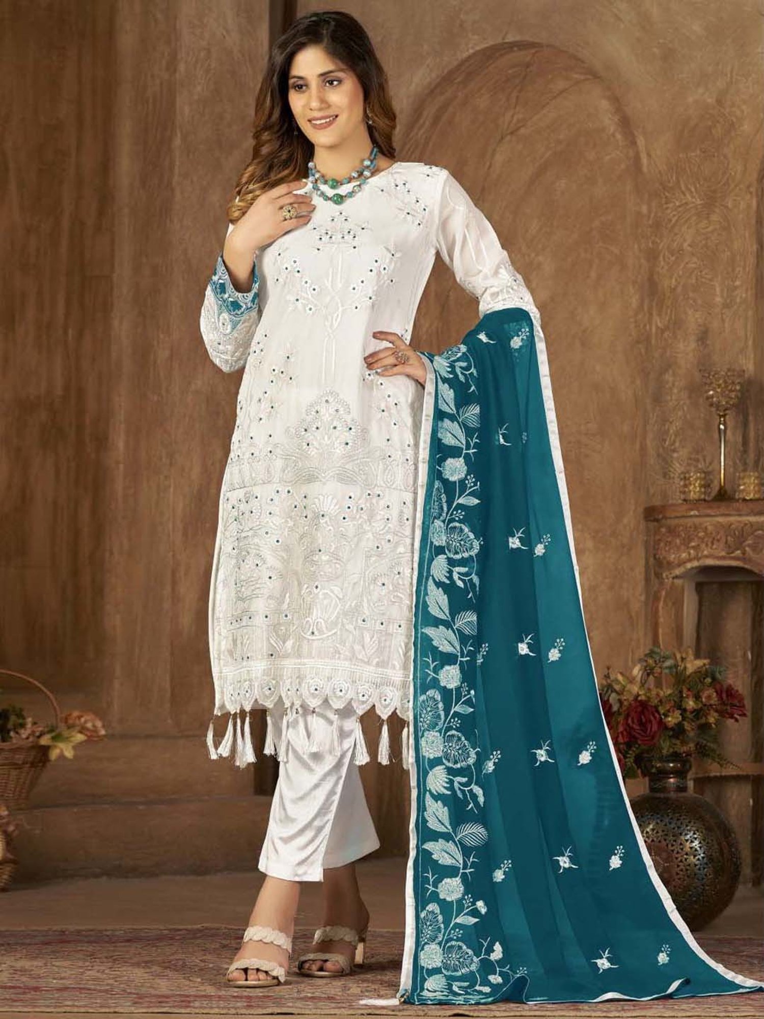 Warthy Ent White Embroidered Semi Stitched Dress Material