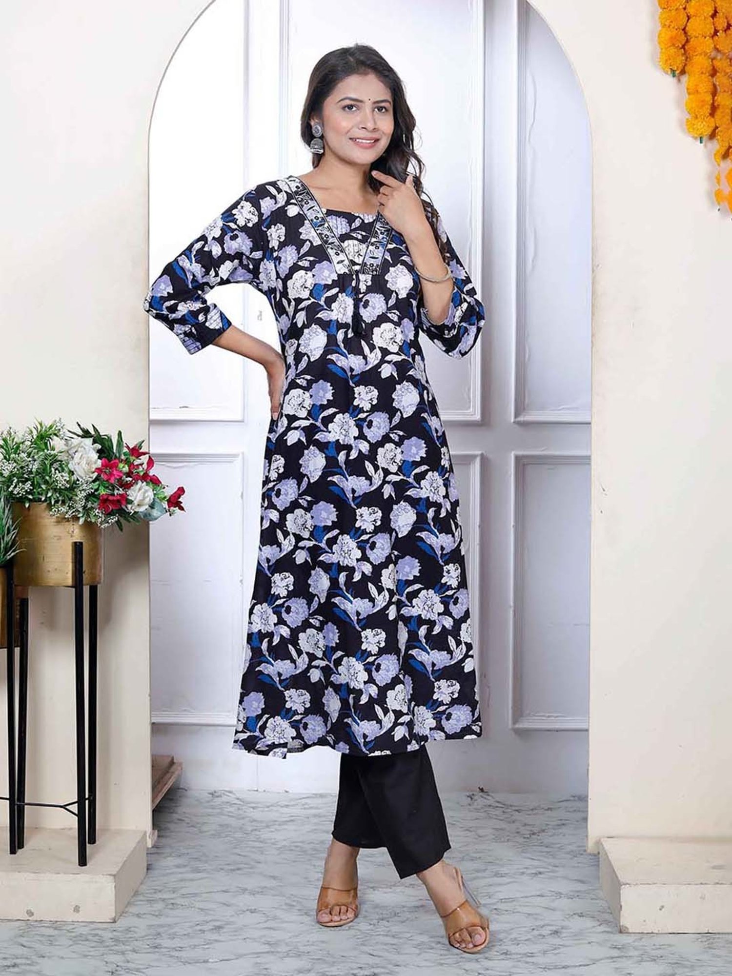 Miravan Black Floral Print Kurta & Palazzo Set