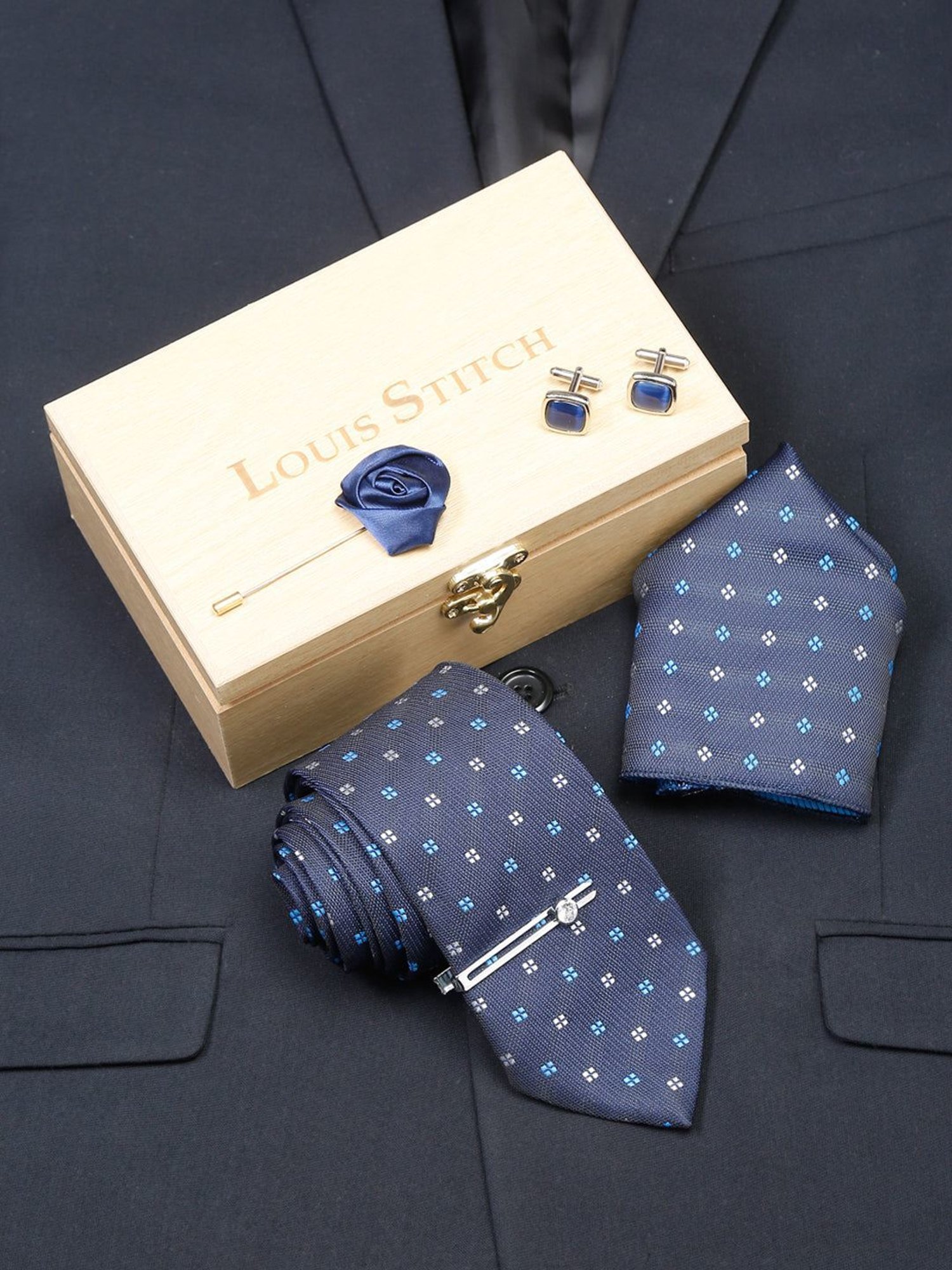 Louis Stitch Blue Embroidered Necktie Gift Set - Set of 5