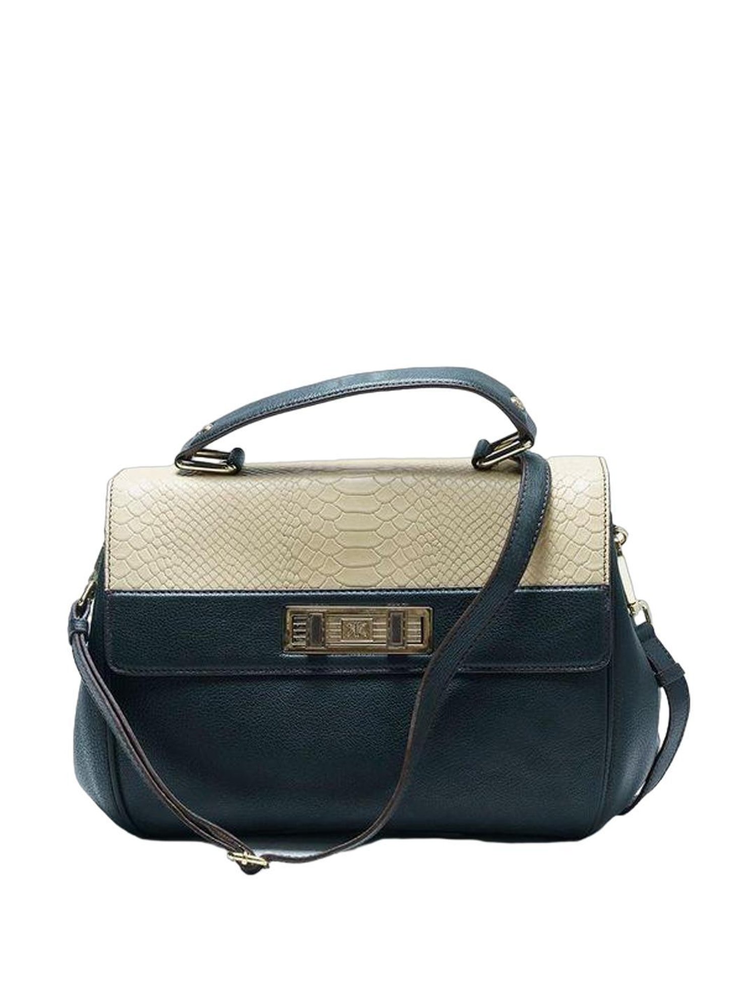 RI2K London Black & Beige Textured Medium Handbag