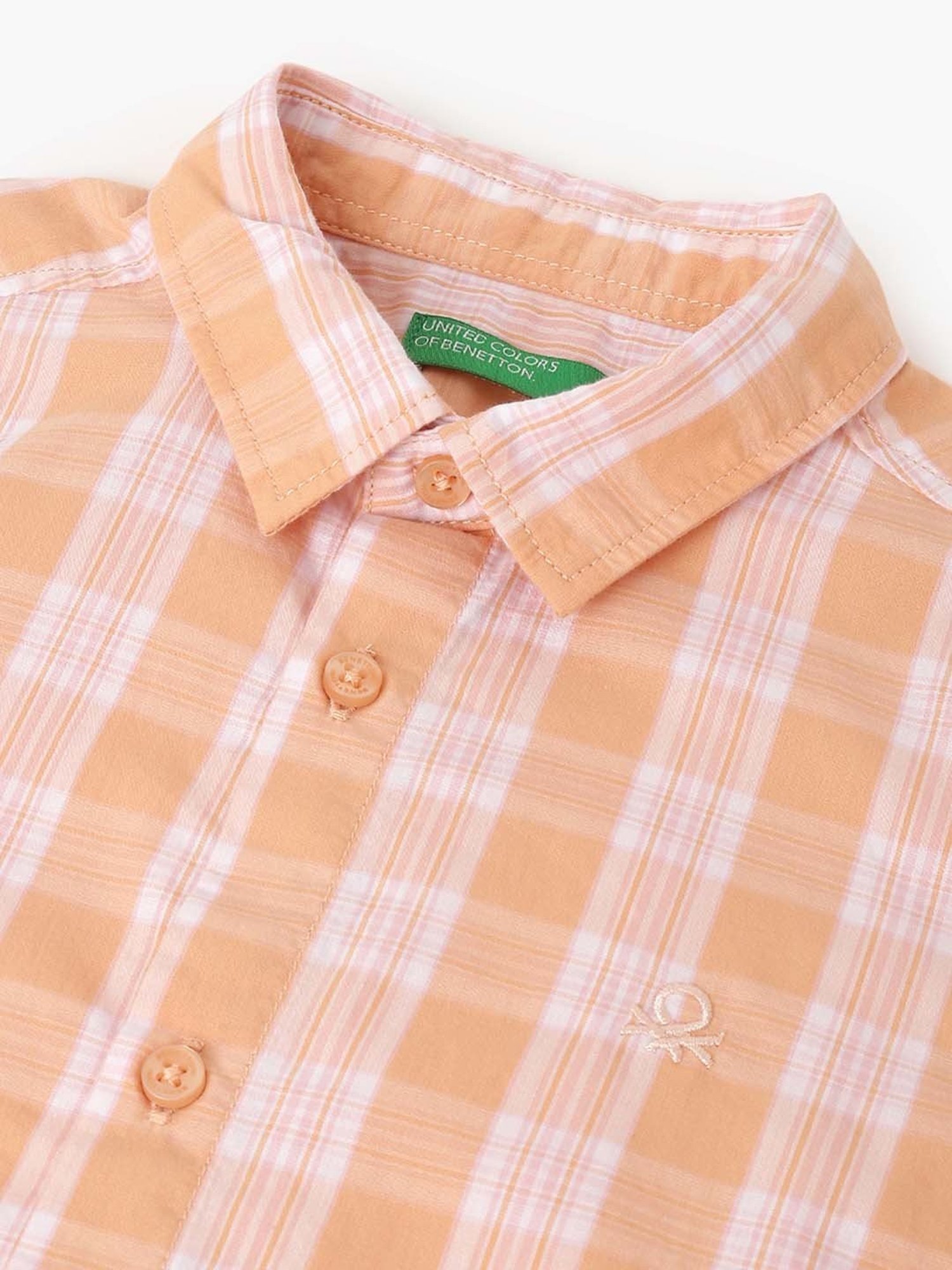 United Colors of Benetton Boys Peach Cotton Chequered Full Sleeves Shirt
