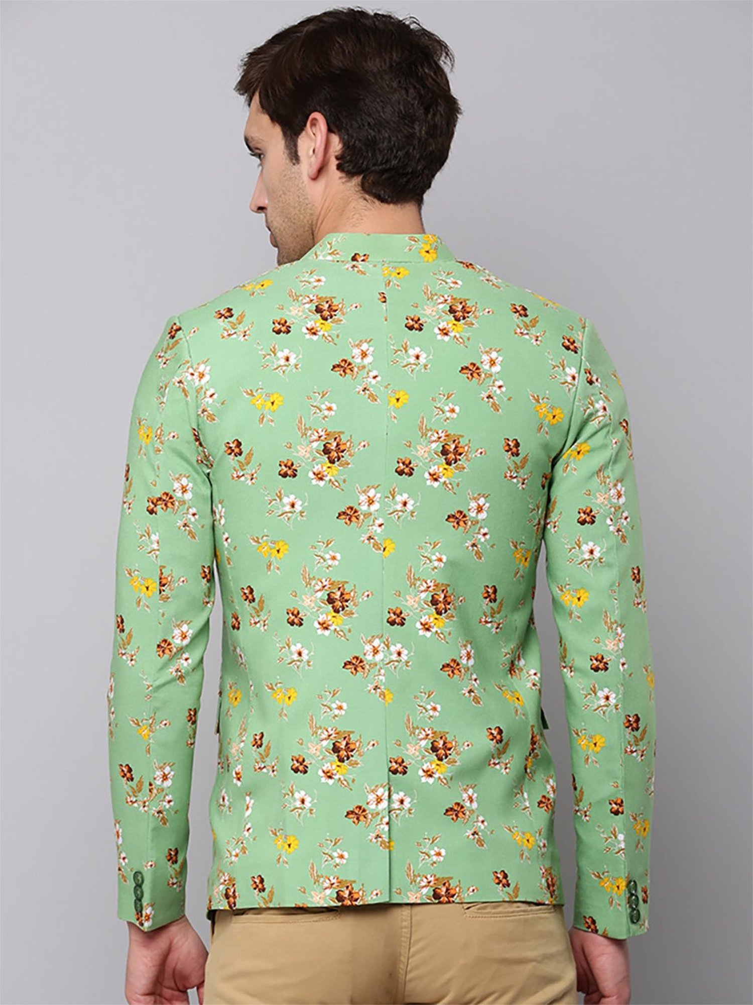 SHOWOFF Green Cotton Slim Fit Floral Print Blazer