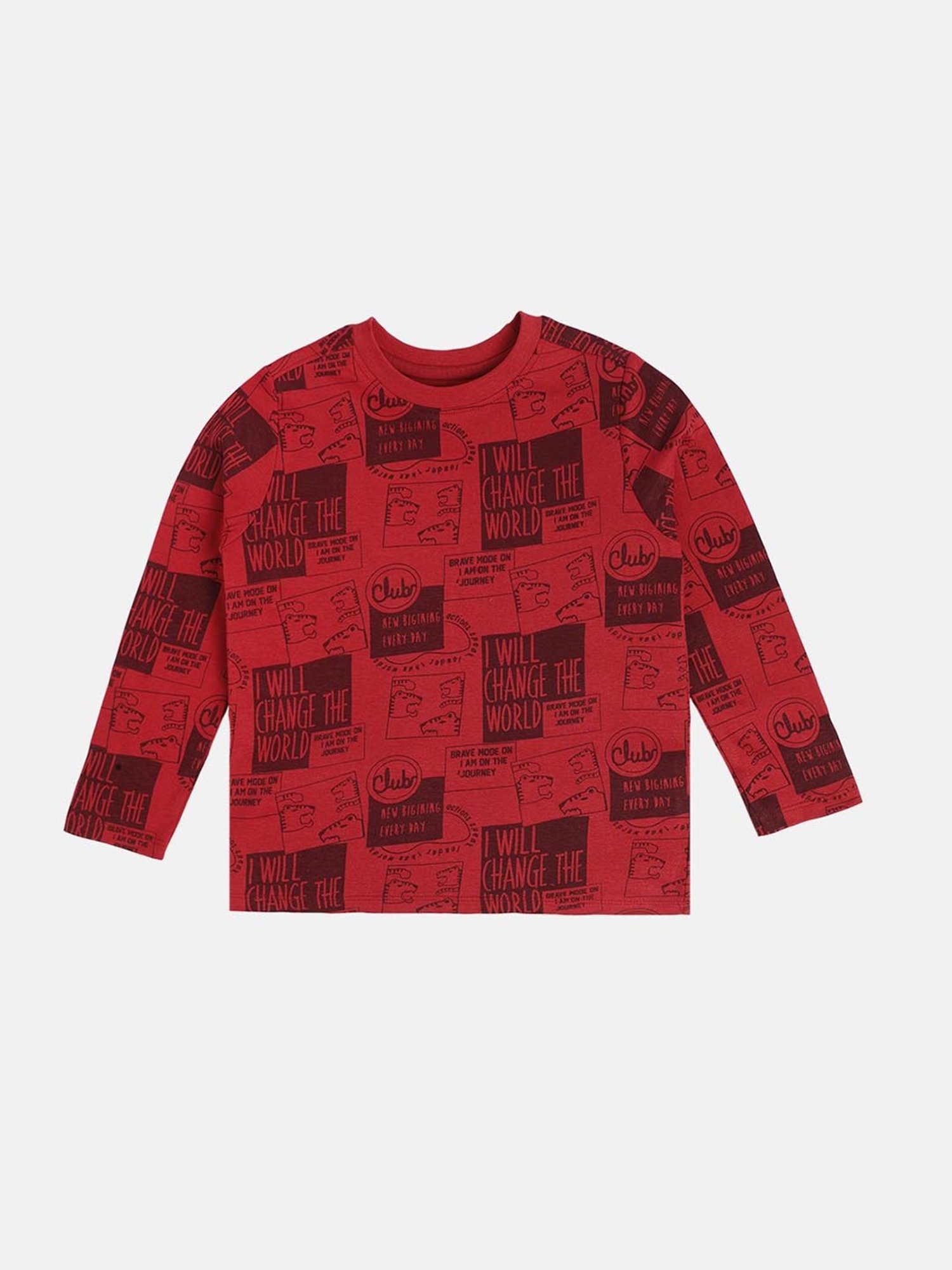 MINIKLUB Boys Maroon Cotton Printed Full Sleeves T-Shirt