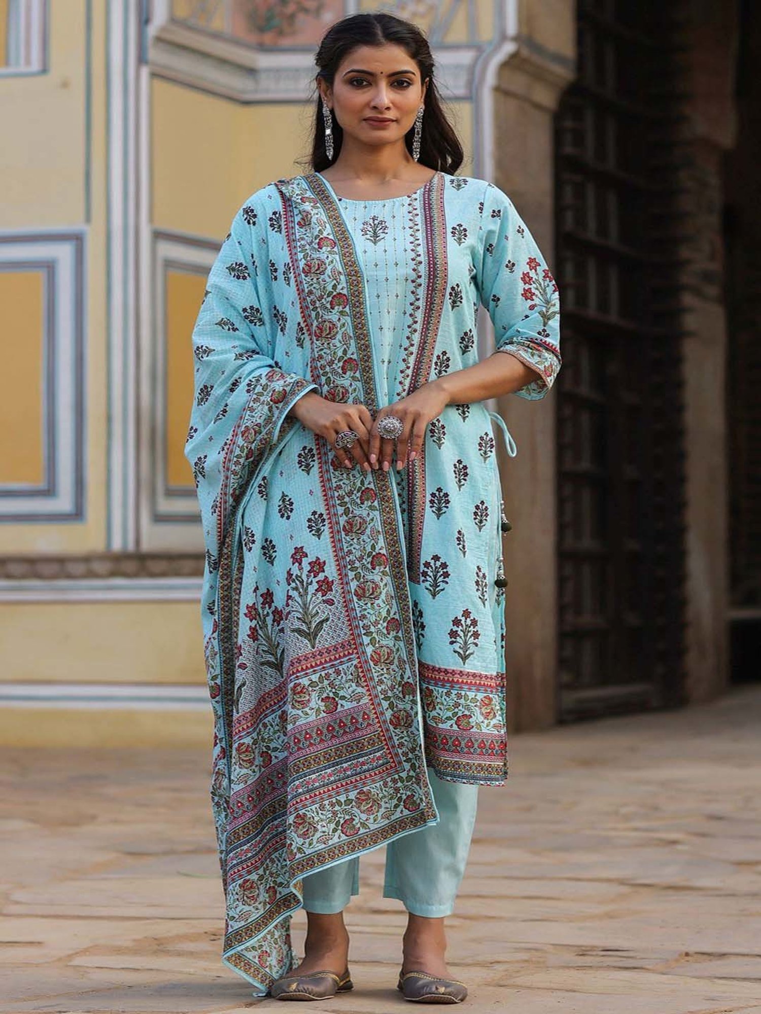 Juniper Sky Blue Ethnic Motif Print Cotton Kurta,Pants & Kota Doria Dupatta Set With beads & Sequins