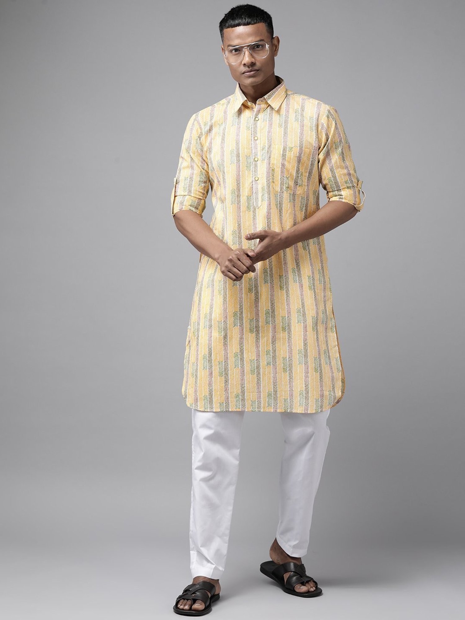See Designs Yellow & White Cotton Regular Fit Printed Kurta Bottom Set