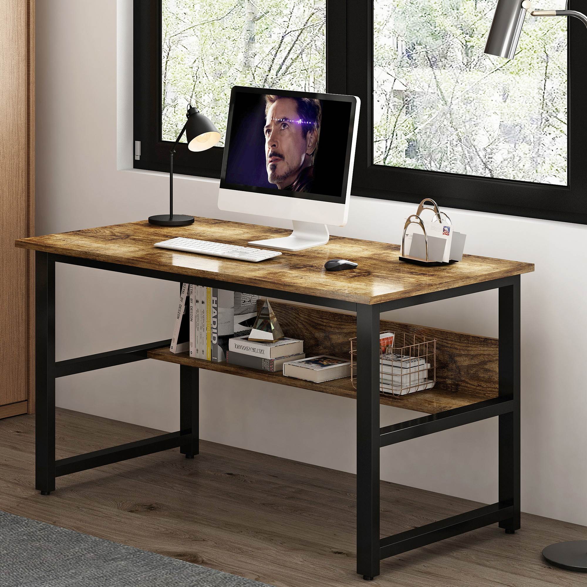 Gaming Desk Multi- Purpose in One Design Computer Desk Home Office Writing Desk with Black Metal Frame and Charcoal Wood Color