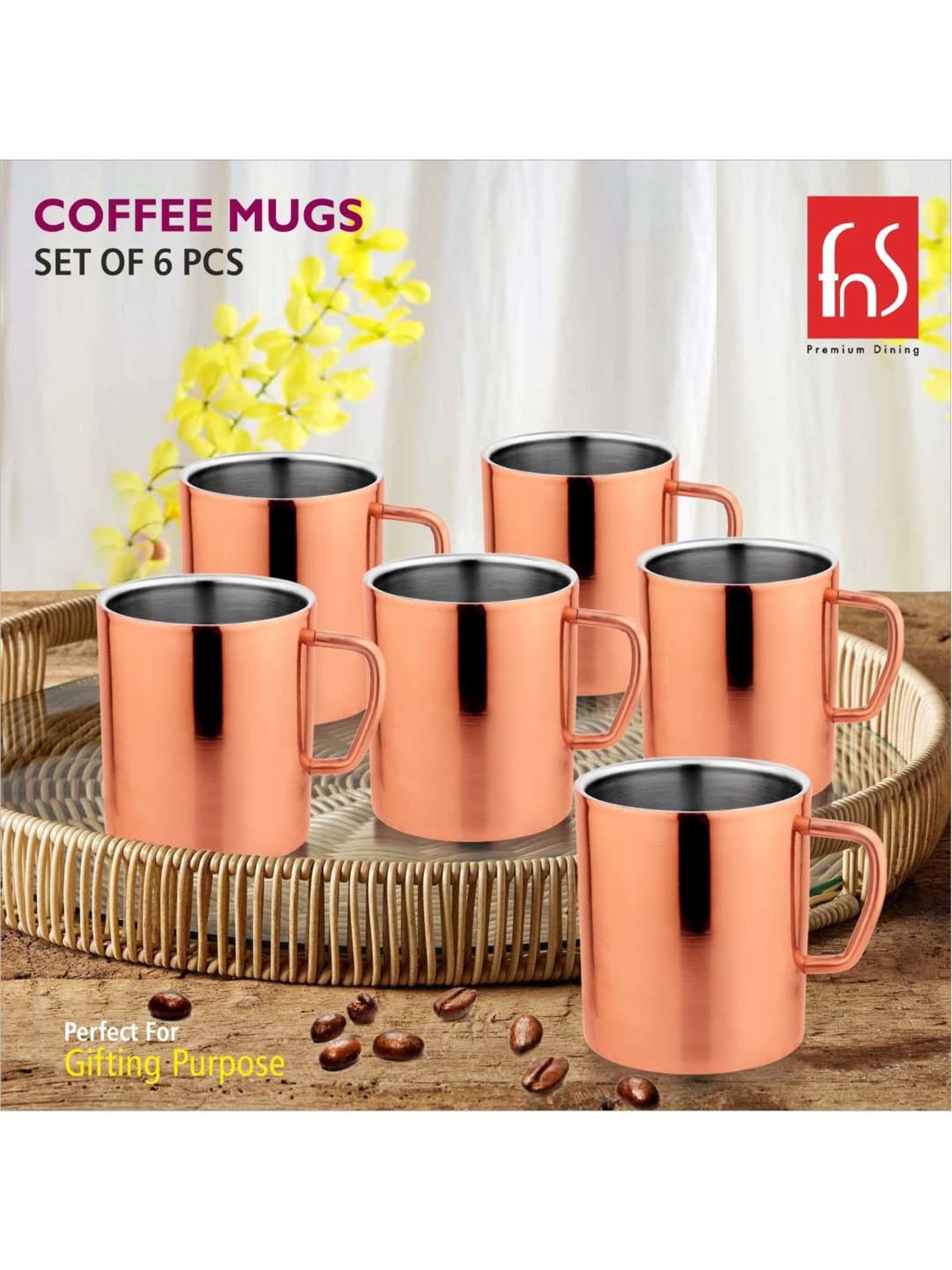 FnS Rose Gold Stainless Steel Coffee Mug (0.3 L) - Set of 6