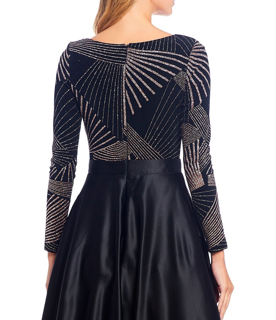 Betsy & Adam Beaded Bodice Long Sleeve Ball Gown