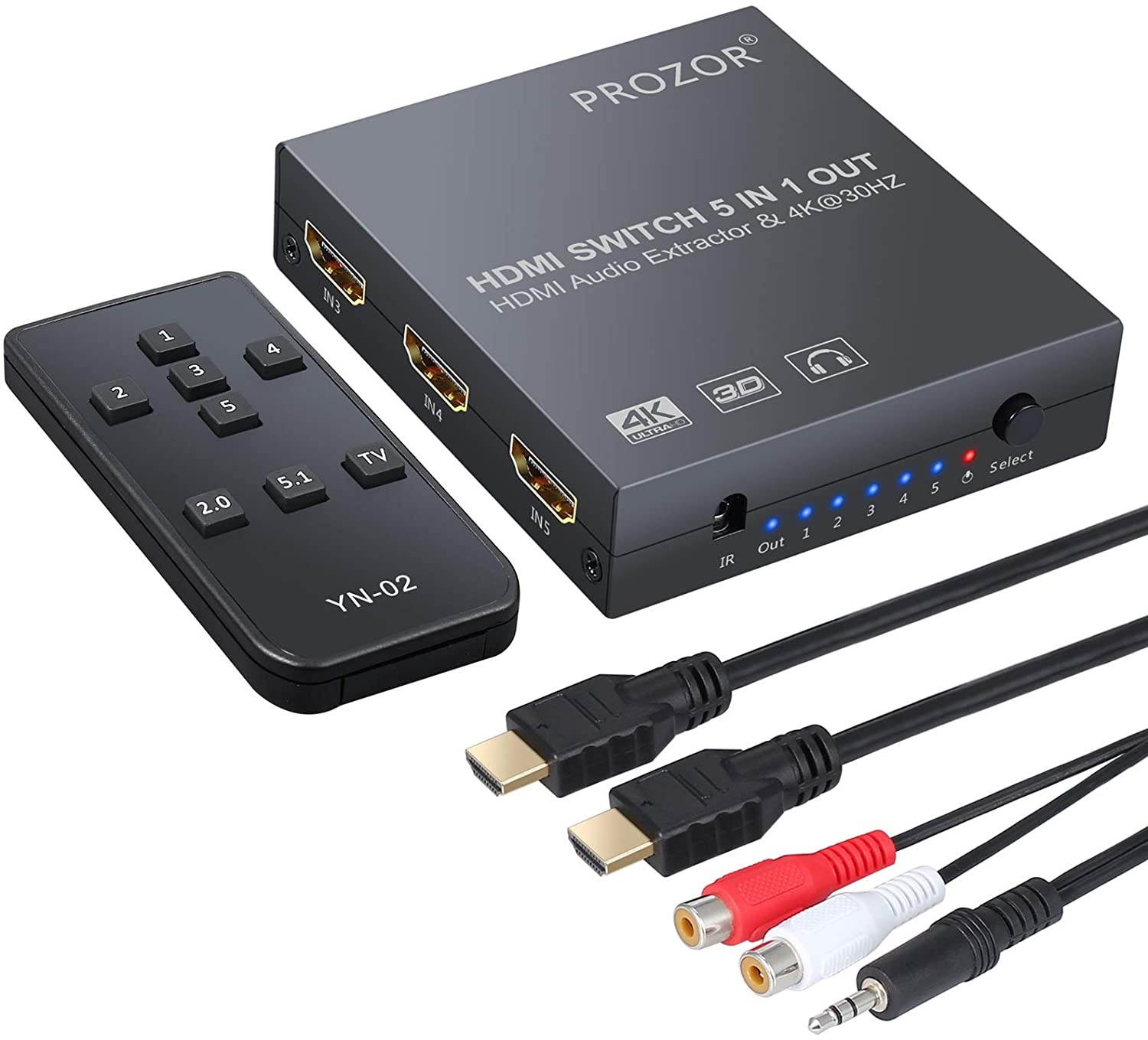 5x1 HDMI Switch with Audio Extractor 4K 3D HDMI Audio Converter with IR Remote HDMI to HDMI + Optical Toslink (5.1CH Mode) or Stereo Output with 3 Feet HDMI Cable and 3.5mm Male to 2 RCA