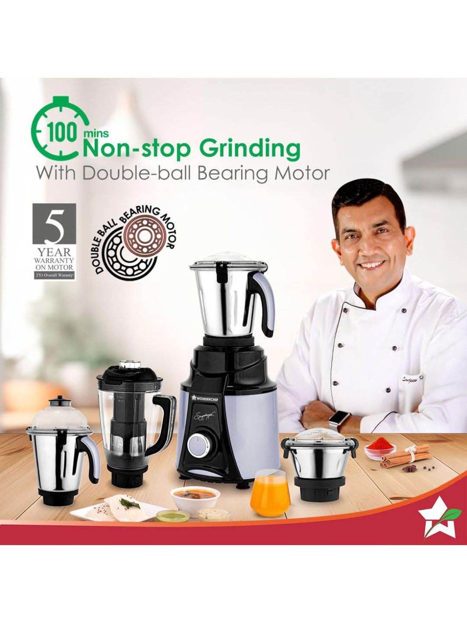 Wonderchef Galaxy 1000W Mixer Grinder with 100% Copper Motor & 4 Stainless Steel Jars (Black & Grey)