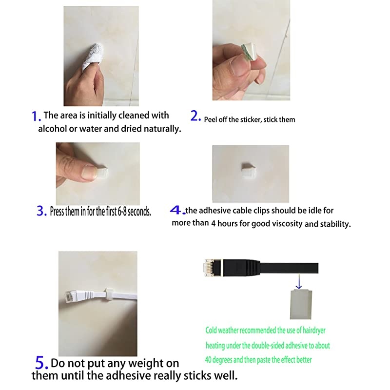 Ethernet Cable Clips 60 Pack 8mm SelfAdhesive Wire Clips Cord Clamp Cable Management for Cat6 Cat5 and Cat7 Flat Ethernet CableWhite