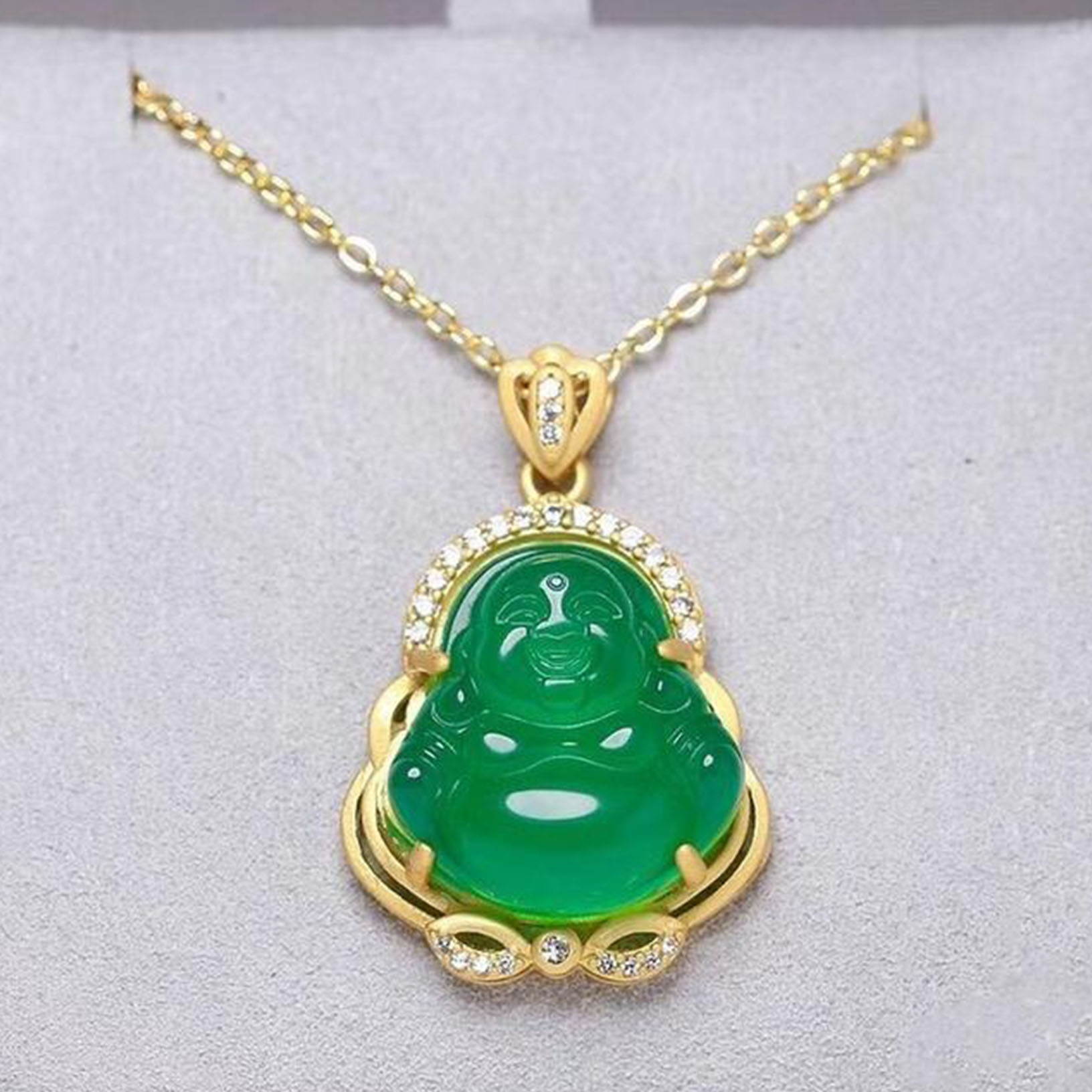 Beautiful Dark Green Jade Buddha Pendant Necklace 14k Gold Plated Chinese Jade