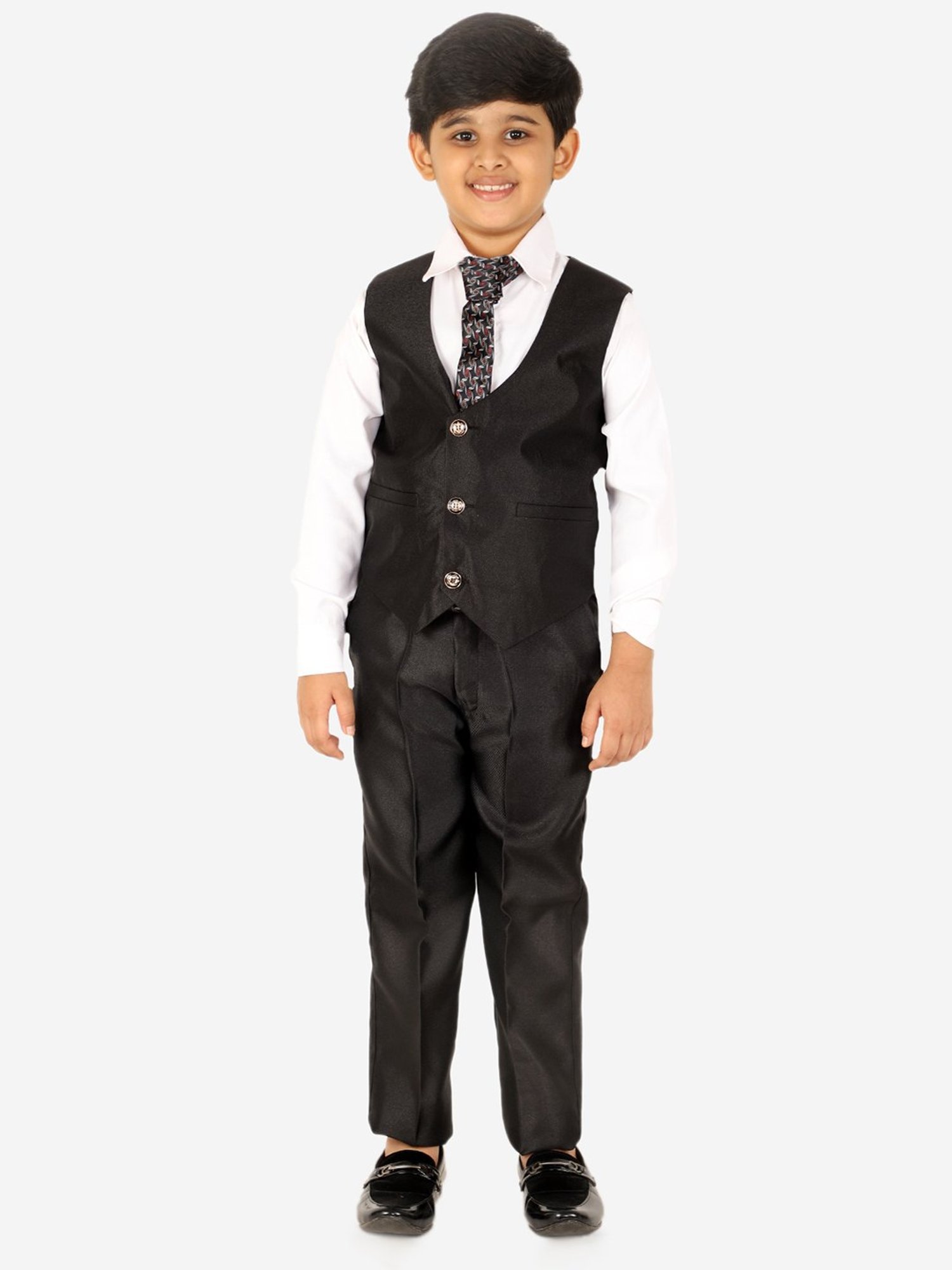 Pro-Ethic Style Developer Kids Black & White Solid Full Sleeves Shirt, Waistcoat, Pants with Tie