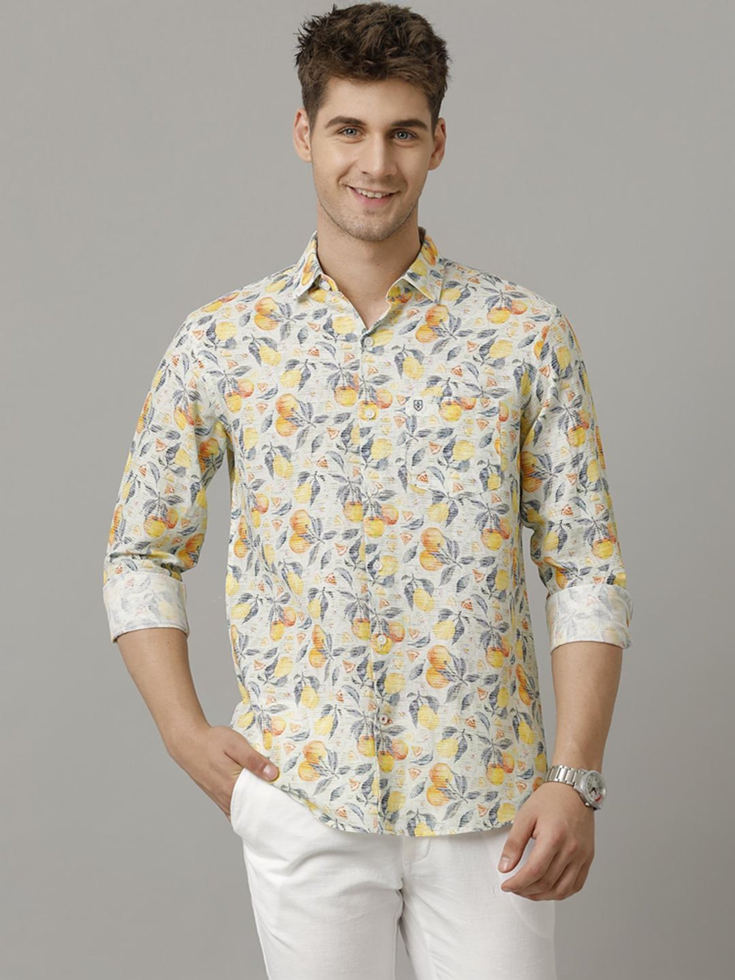 Linen Club Yellow Linen Contemporary Fit Printed Shirt