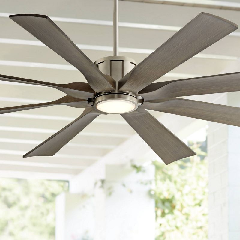 60" Possini Euro Design Modern Outdoor Ceiling Fan with Light LED Dimmable Remote Brushed Nickel Light Wood Damp Rated Patio Porch