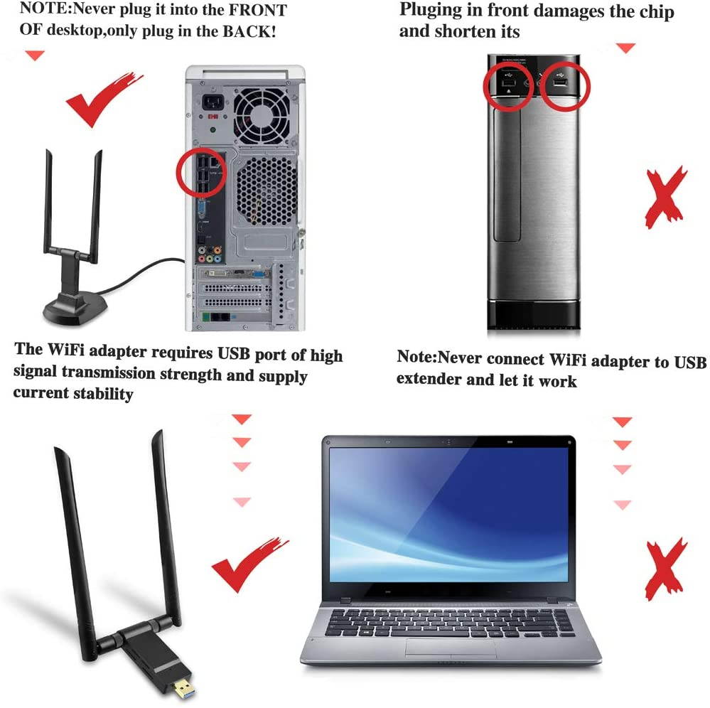 USB WiFi Adapter, 1900Mbps Dual Band 2.4GHz/600Mbps 5.8GHz/1300Mbps High Gain 5dBi Antennas USB 3.0 Wireless Network Adapter for PC Desktop Laptop with Windows 10/8/7/XP/Vista, Mac OS