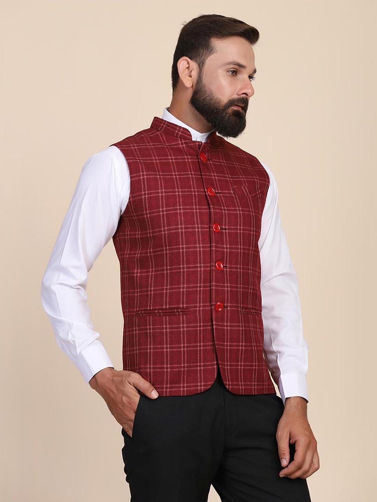 TAHVO Red Slim Fit Checks Nehru Jacket
