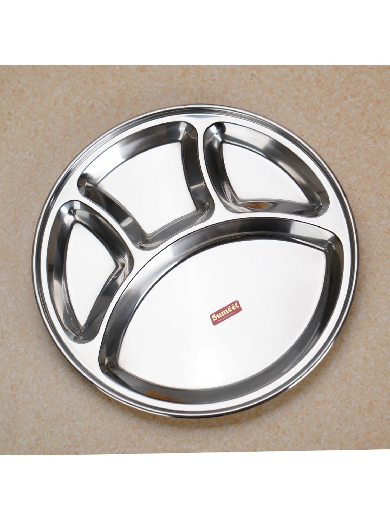 Sumeet Stainless Steel Round 4 in 1 Compartment Lunch / Dinner Plate 1Pc, 32.5cm Dia, Silver