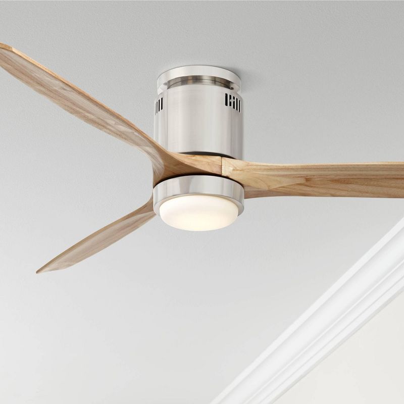 52" Casa Vieja Modern Hugger Ceiling Fan with Light LED Remote Brushed Nickel Natural Solid Wood Carved Blades for Living Room