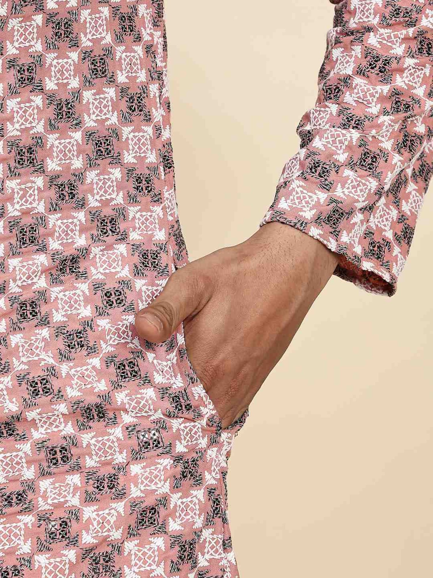 Pro-Ethic Style Developer Peach & White Cotton Regular Fit Embellished Kurta Bottom Set