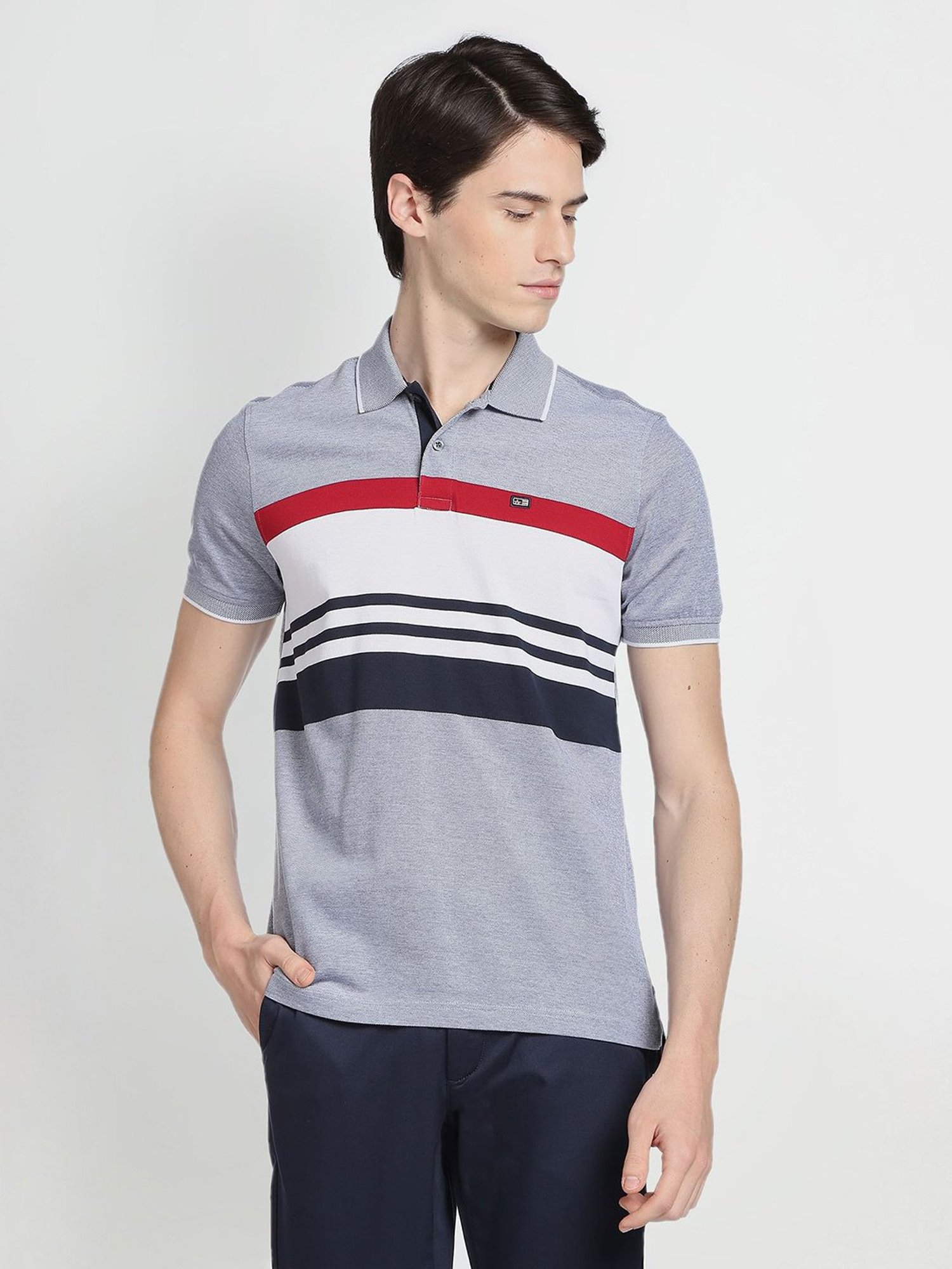 Arrow Sport Light Blue Regular Fit Striped Cotton Polo T-Shirt