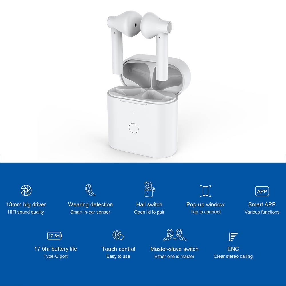 QCY T7 TWS Earbuds Bluetooth 5.1 True Wireless Headphones HiFi Stereo Music Earphones Twins Sports Headset ENC Noise Cancelling Touch Control with Mic Charging Box QCY Smart APP