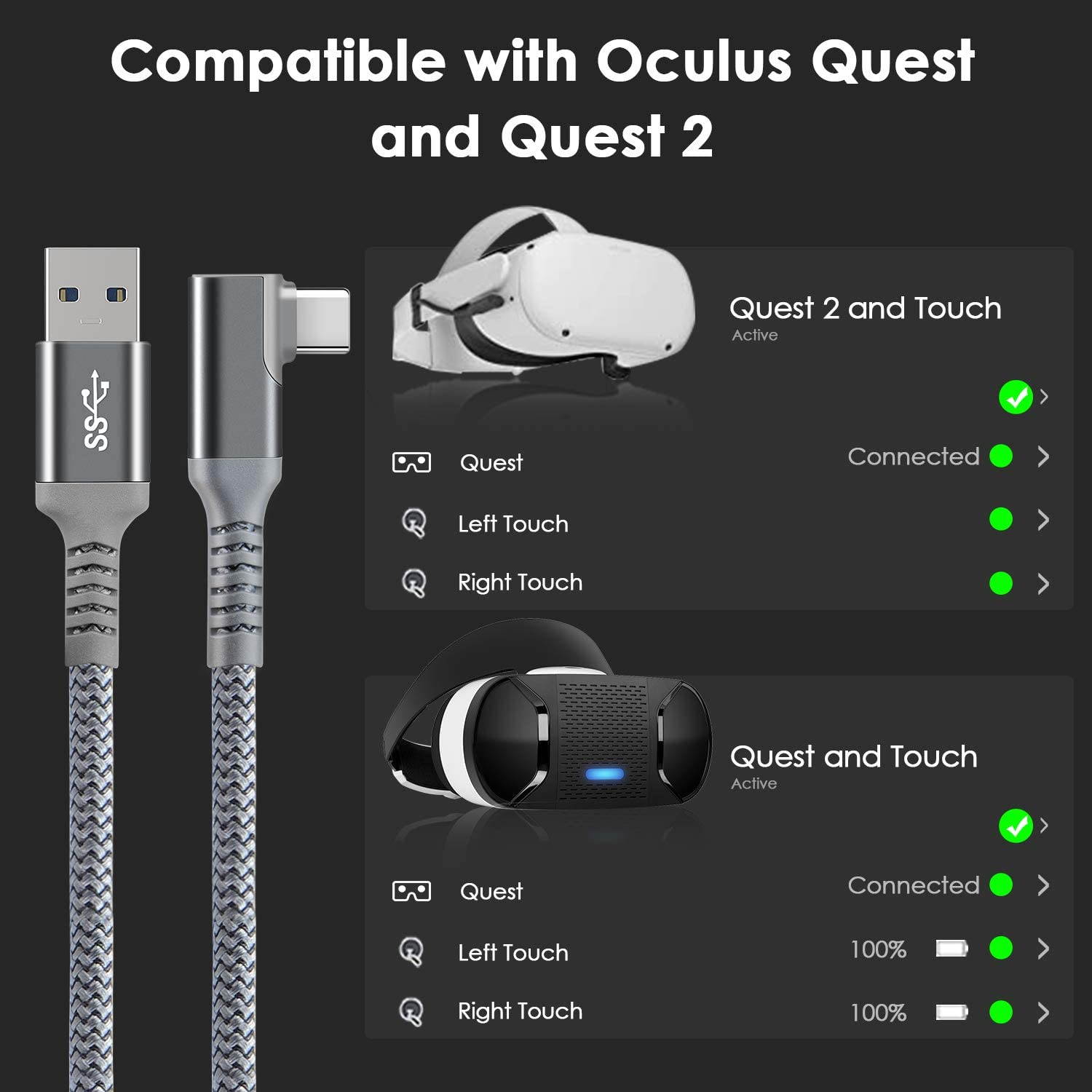 VR Link Cable 20ft 6M Braided USB Type C to A Cord 90 Degree Angled USB 3.2 Gen1 Data Transfer & Fast Charging Cable for Oculus Quest /Quest 2/Rift S and More Devices with USB C Port