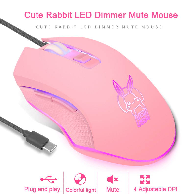 Type-C/USB-C Cute Rabbit LED Dimmer Mute Wired Mouse 2400DPI 6-button Ergonomic Design Mice For Office And Game