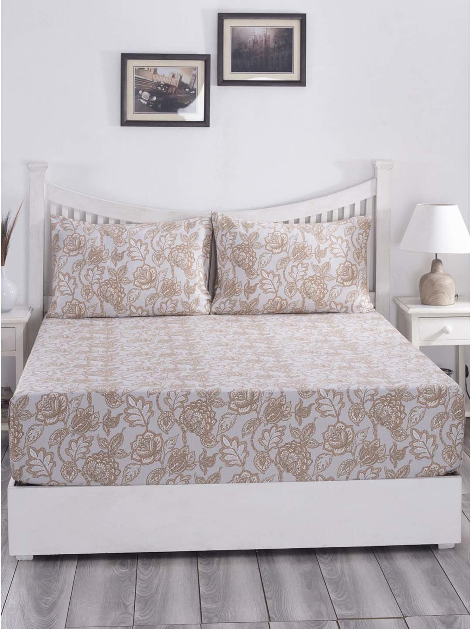 Maspar Hues PBS Nomad Scuplt Orlean Blue & Brown Cotton 210 TC King Bedsheet & 2 Pillow Covers