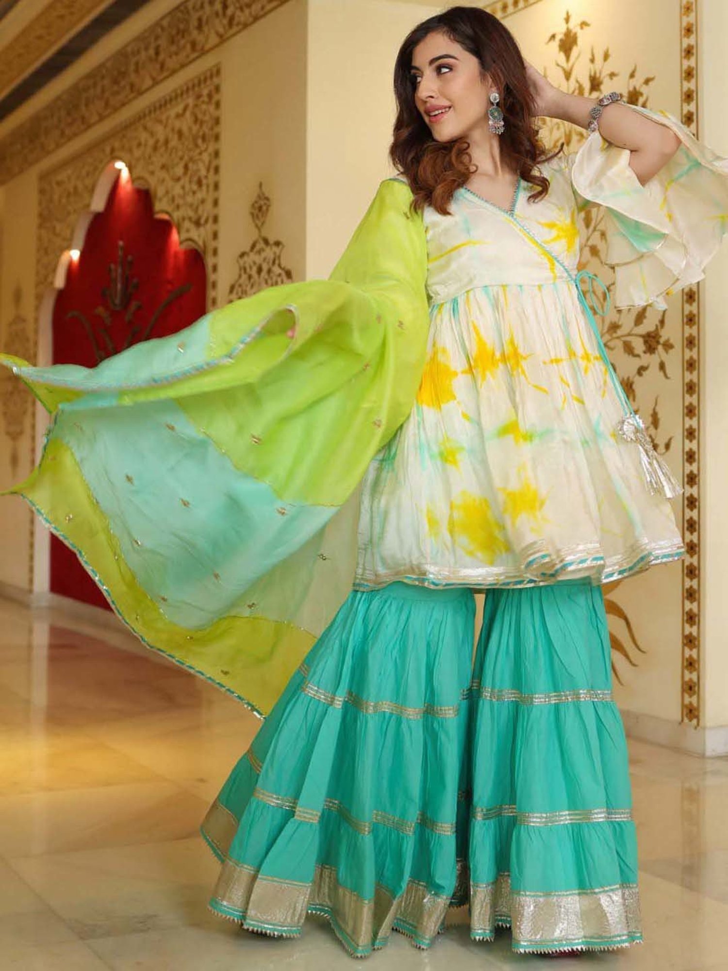 AACHHO White & Turquoise Tie & Dye Kurti Sharara Set With Dupatta