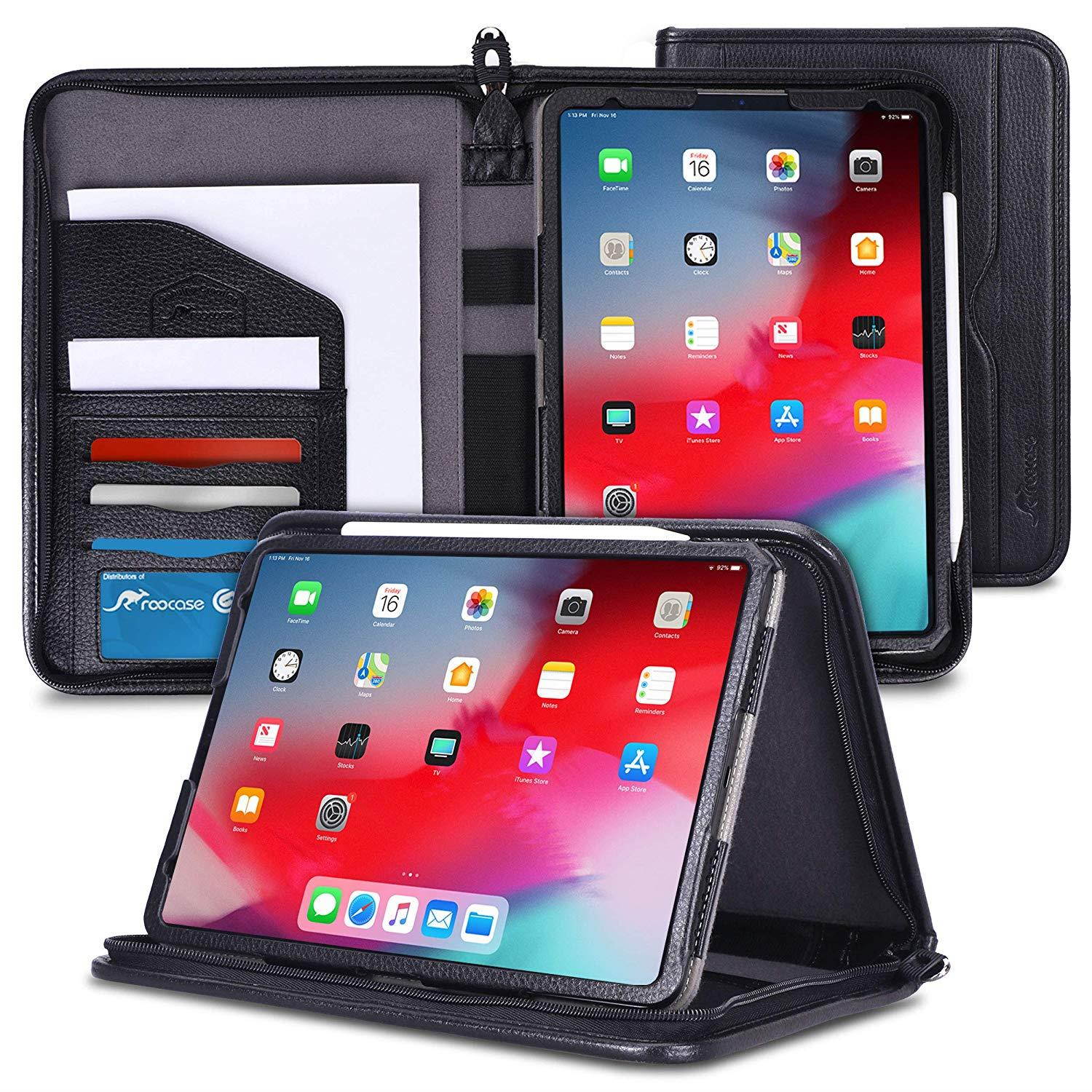 rooCASE iPad Pro 12.9 Case 2018, Premium Executive Portfolio Leather Case, Detachable Sleeve, Document Organizer for Apple iPad Pro 12.9-inch 2018 3rd Generation, Black [Support Apple Pencil Charging]