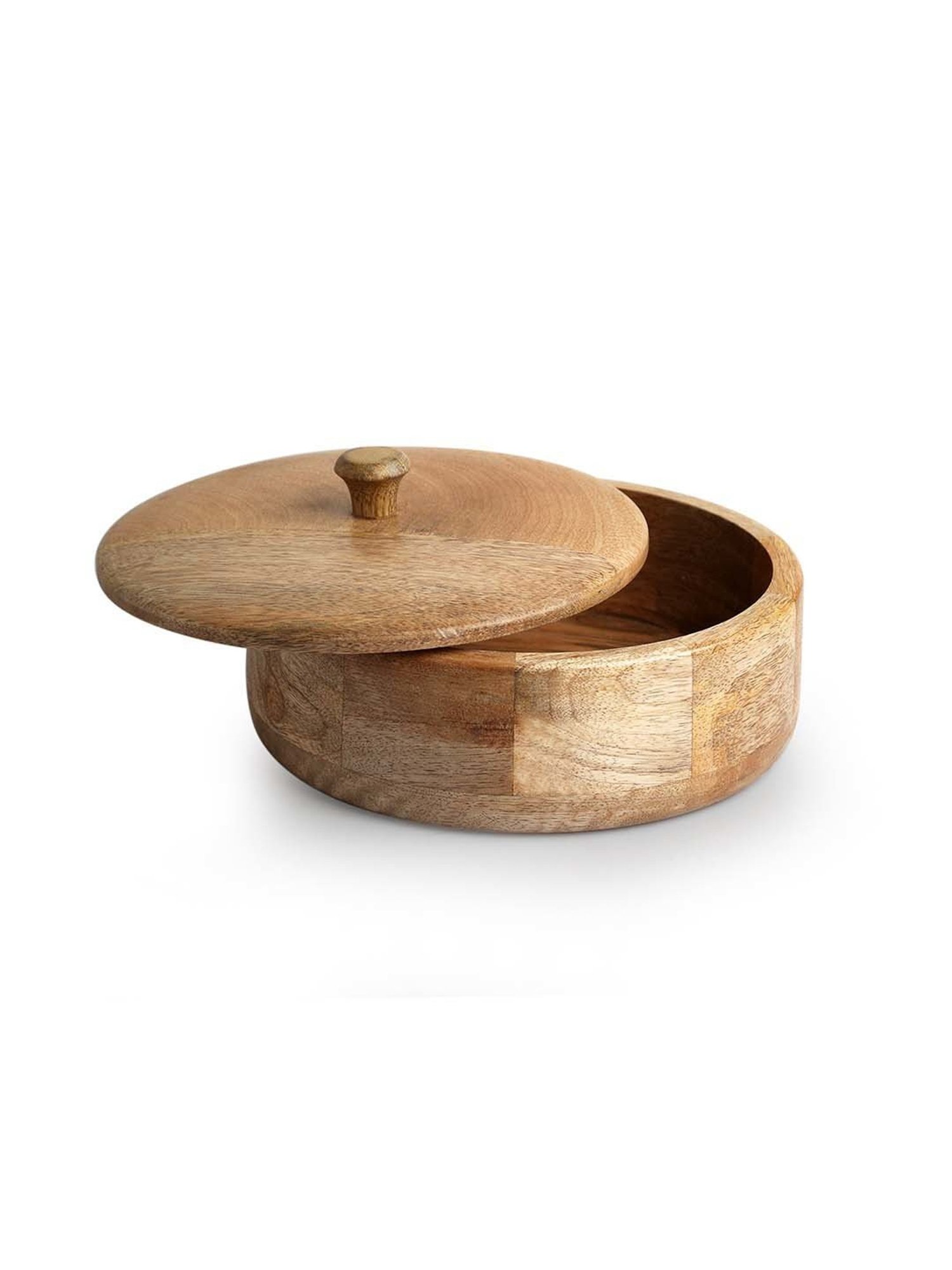 ExclusiveLane Brown Mango Wood Patched Handcarved Casserole Chapati Box With Lid (1.14 L)