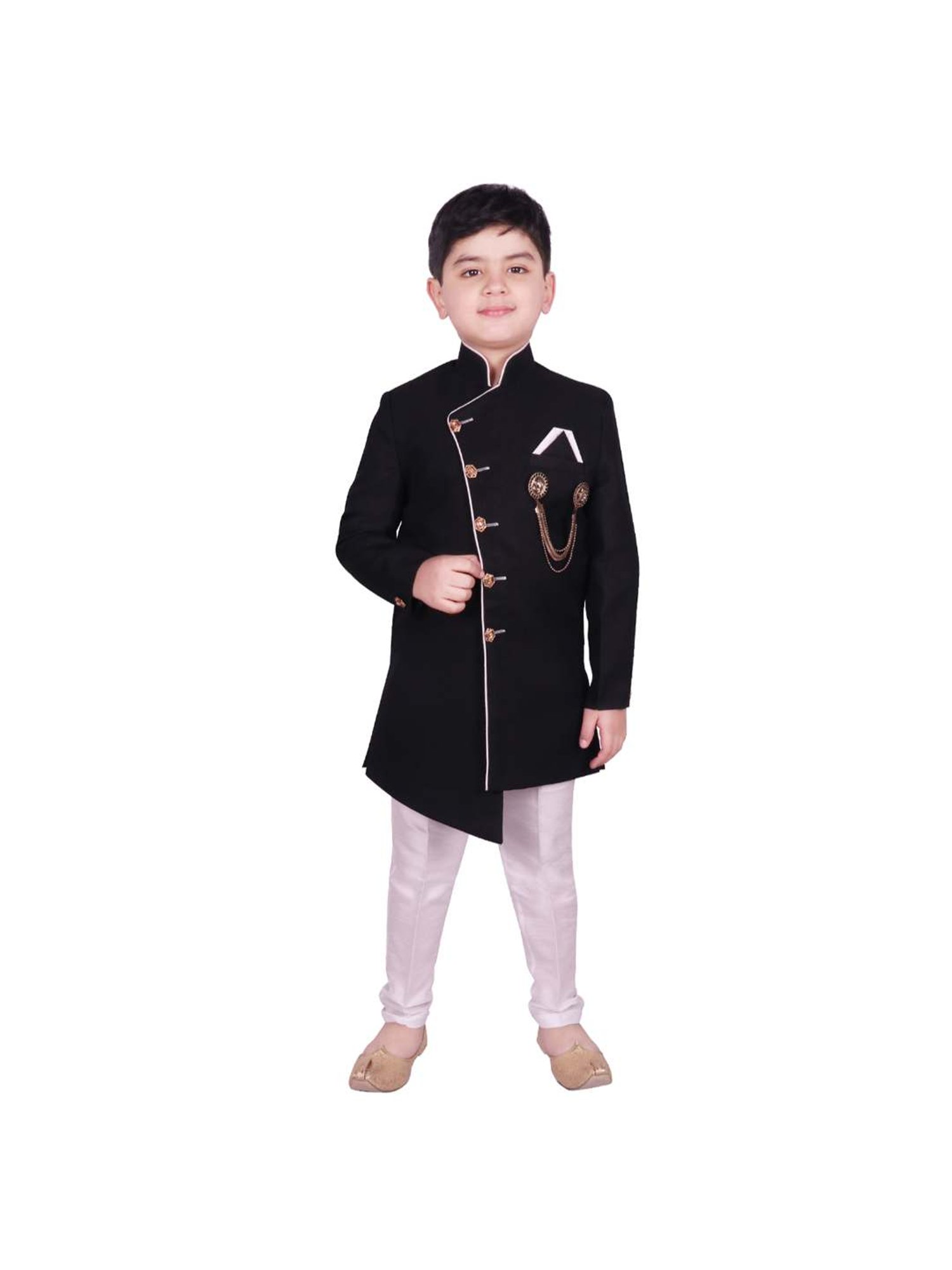 SG Yuvraj Kids Black & White Solid Sherwani with Pyjama