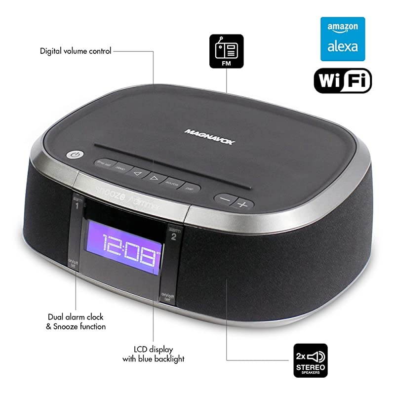 Magnavox Interactive  Alexa Voice Activated WiFi Clock Digital PLL FM Radio with USB Charging Port