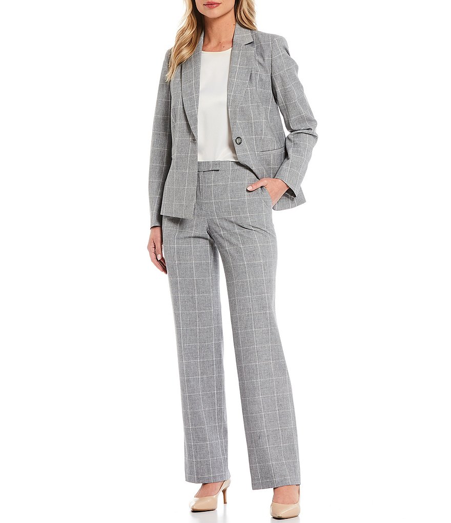 Kasper Petite Size Melange Windowpane One Button Notch Collar Jacket