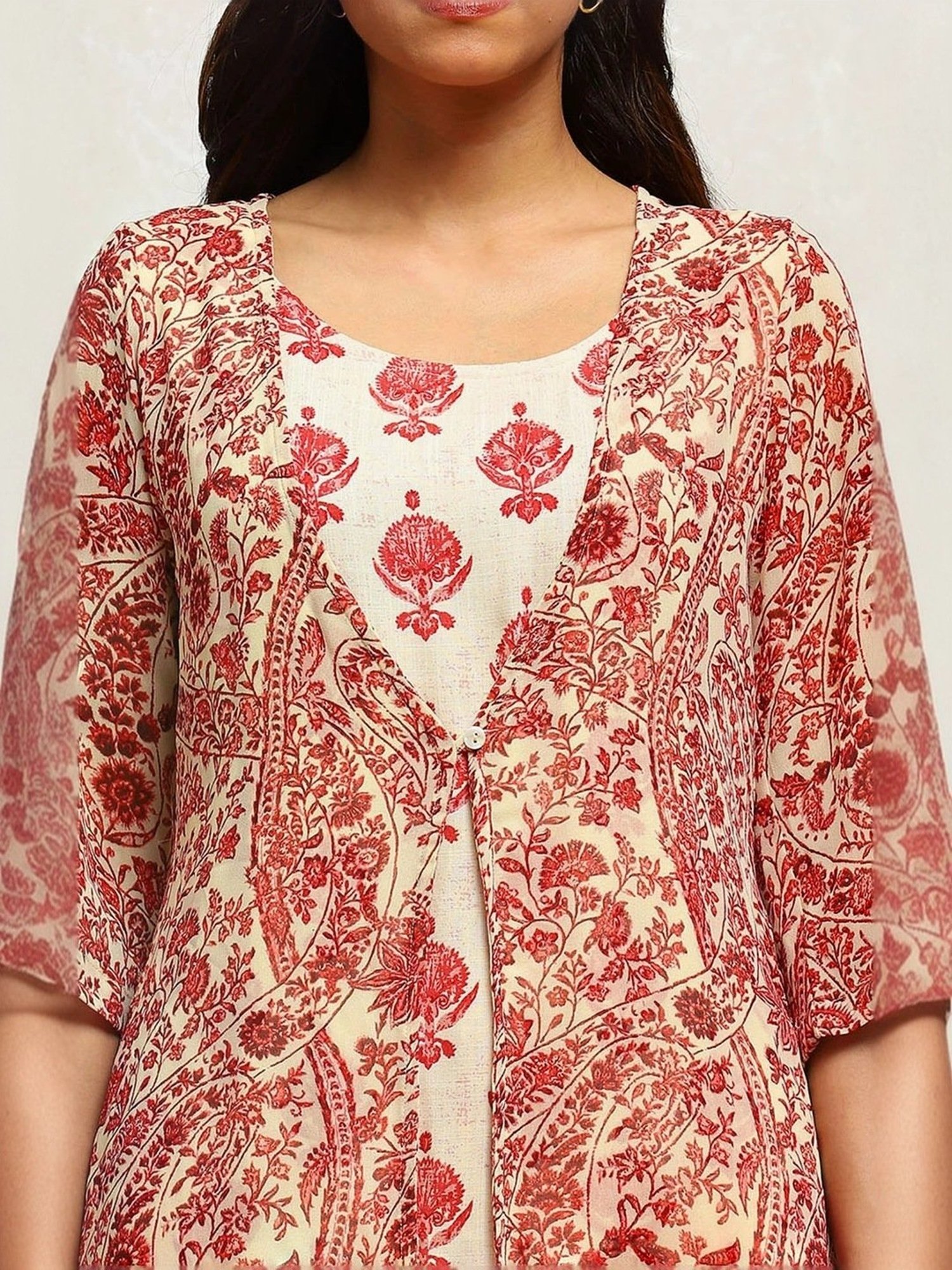 Biba Cream Printed Kurta Palazzo Set With Shrug