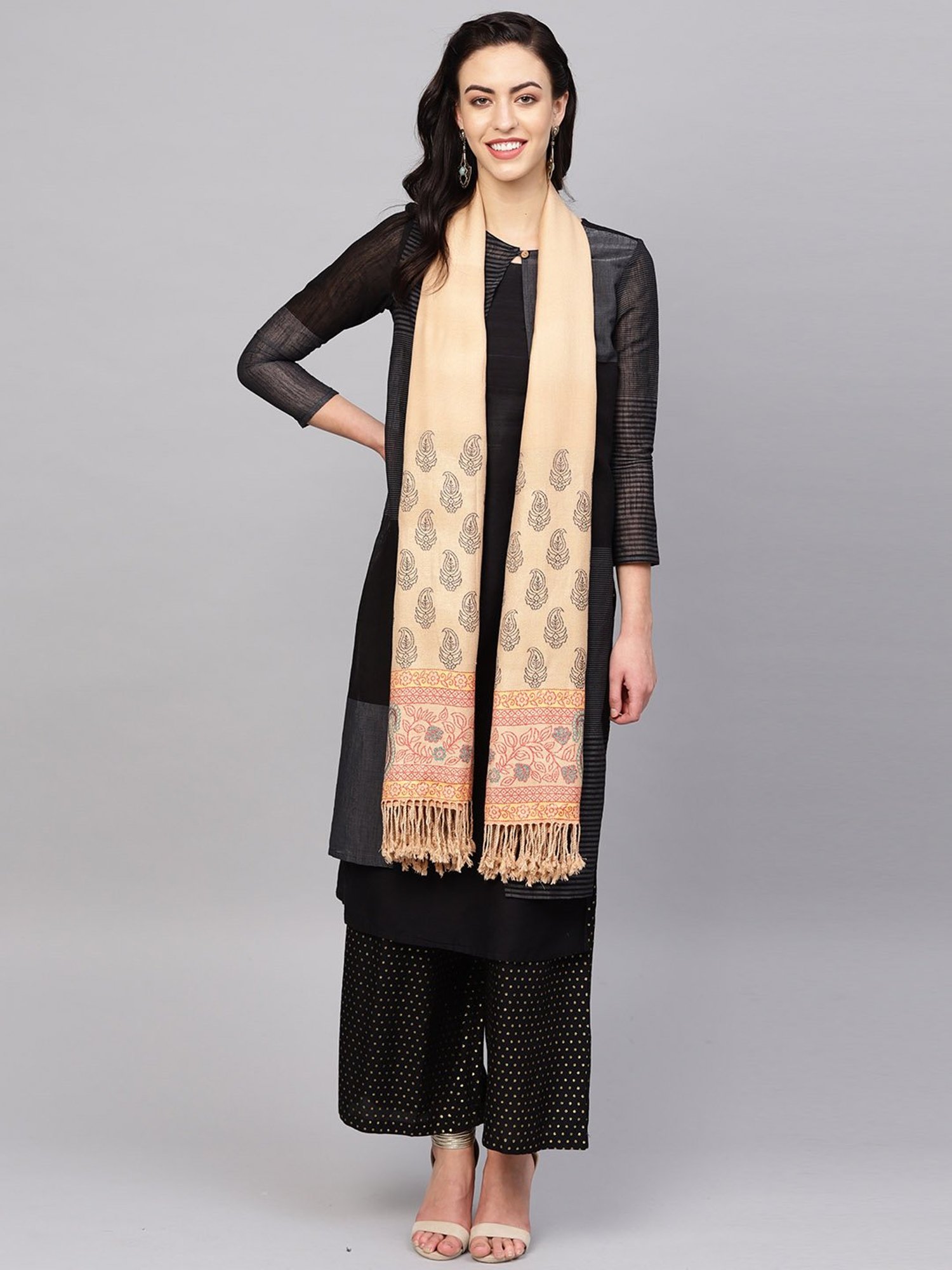 Indo Era Beige Woven Pattern Stole