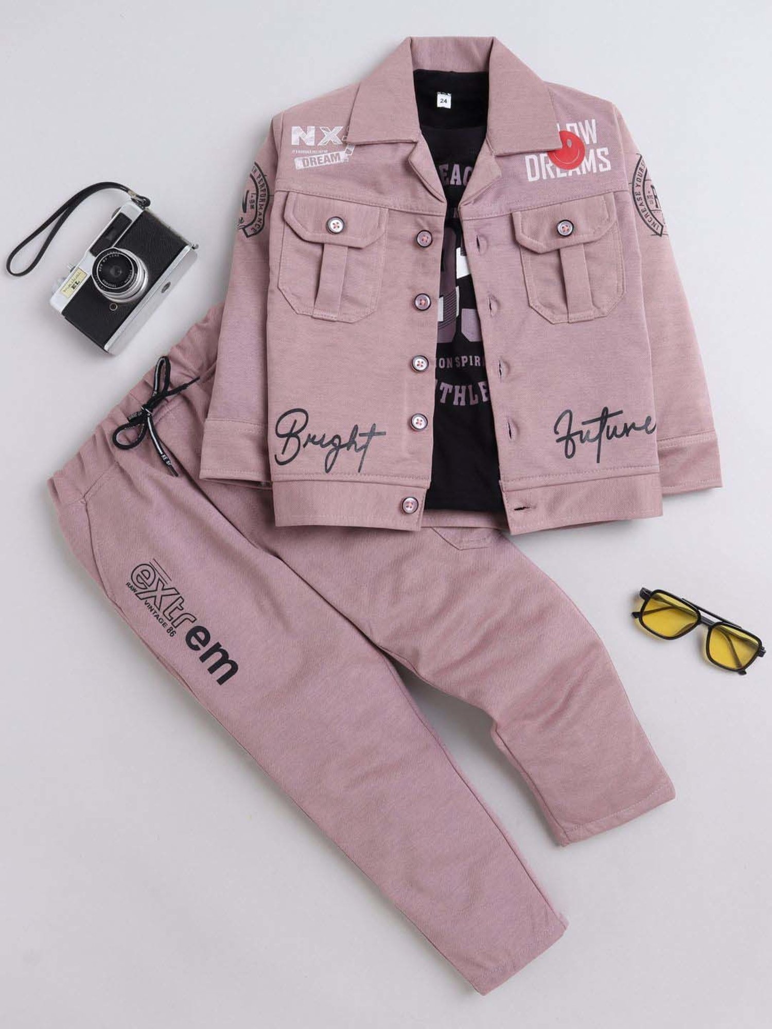 Fourfolds Boys Pink Printed Full Sleeves Clothing Set