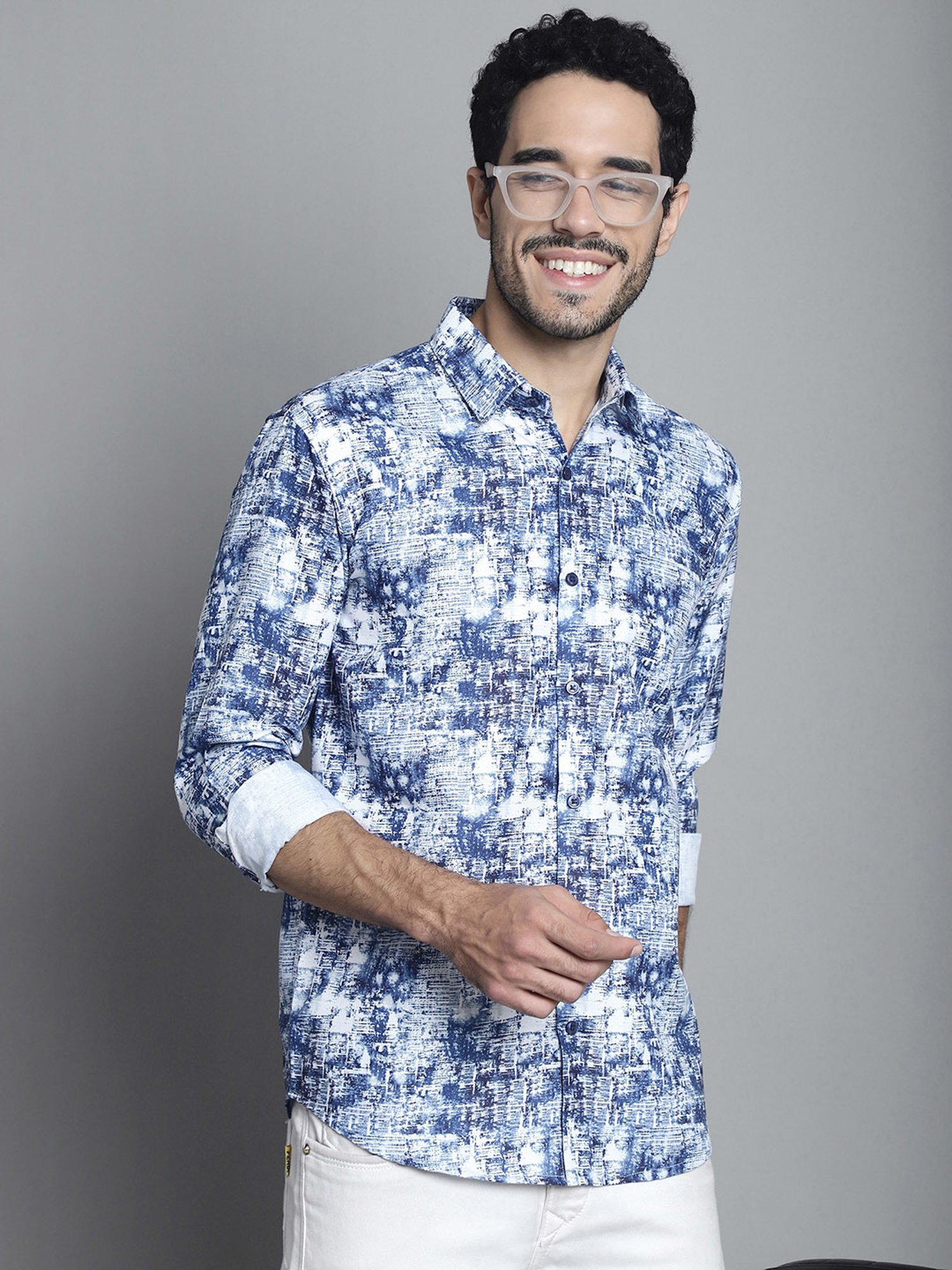 Jainish Blue Regular Fit Geometric Print Shirt