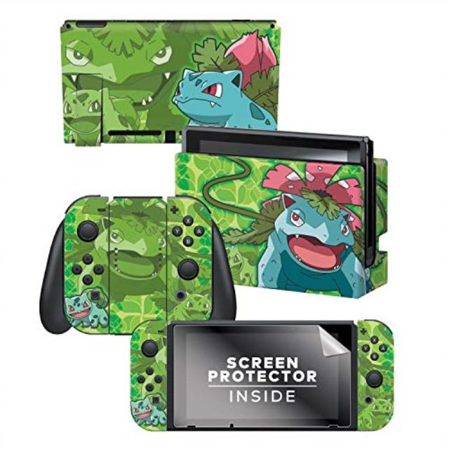 controller gear nintendo switch skin & screen protector set  pokemon  "bulbasaur evolutions set 1"  nintendo switch