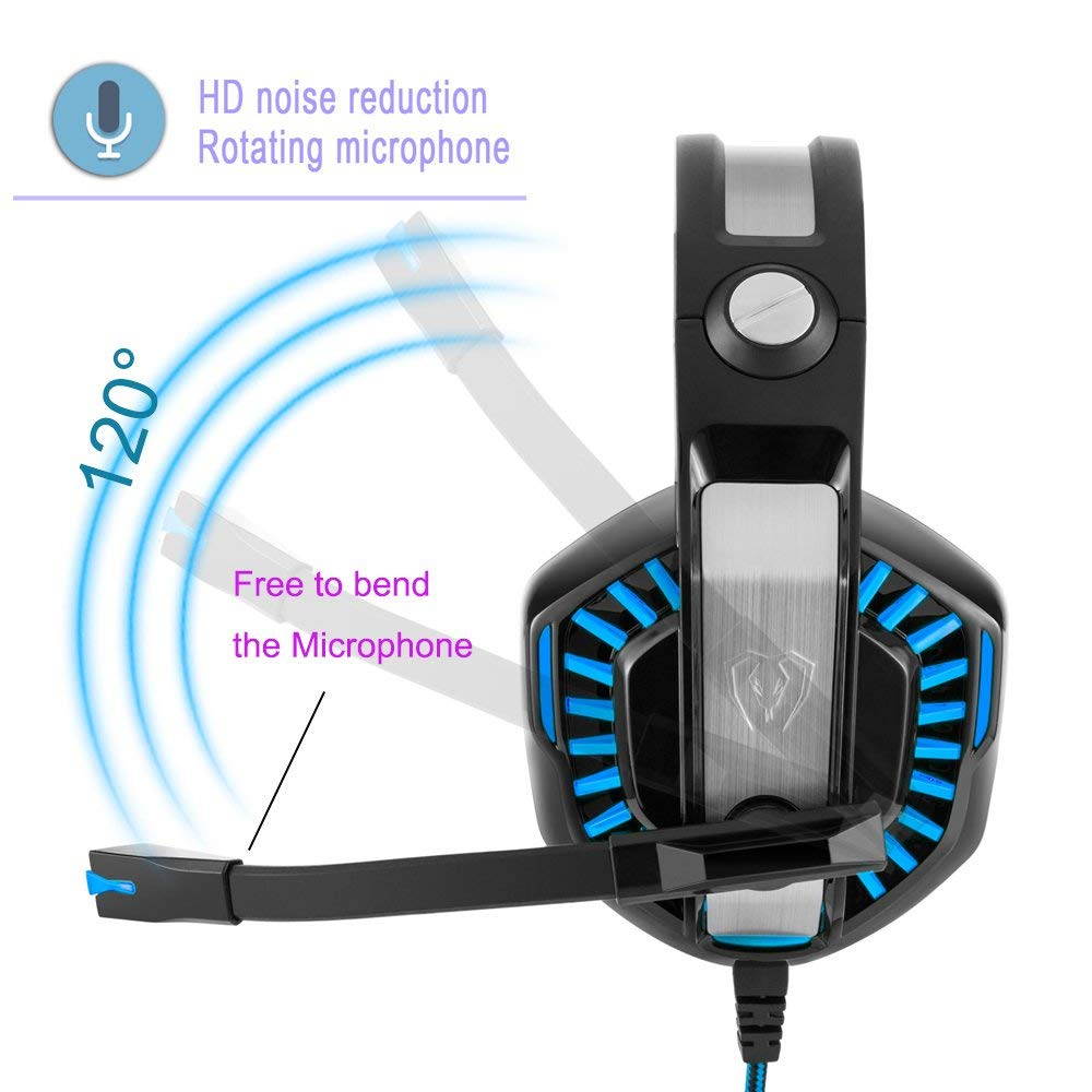 Beexcellent GM-2 Pro Gaming Over-Ear Headset with Mic, LED Lights and Volume Control Stereo Bass, Noise Cancelling, 3.5mm, for PS4 Xbox One, Laptop, PC, Tablet, Most Smartphones (Blue)