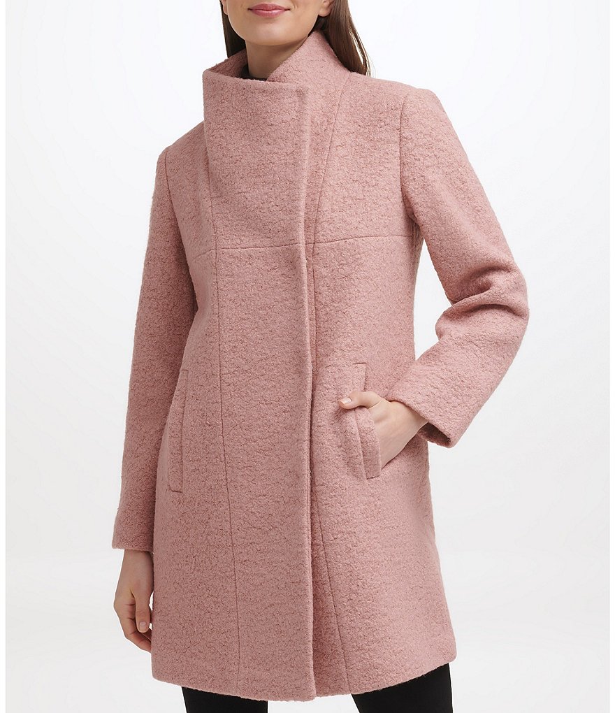 Kenneth Cole New York Asymmetrical Pressed Boucle Wool Wide Lapel Collar Coat