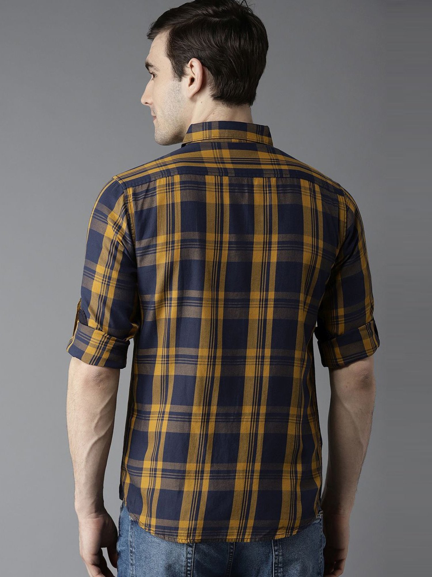 Dennis Lingo Mustard & Navy Cotton Slim Fit Checks Shirt