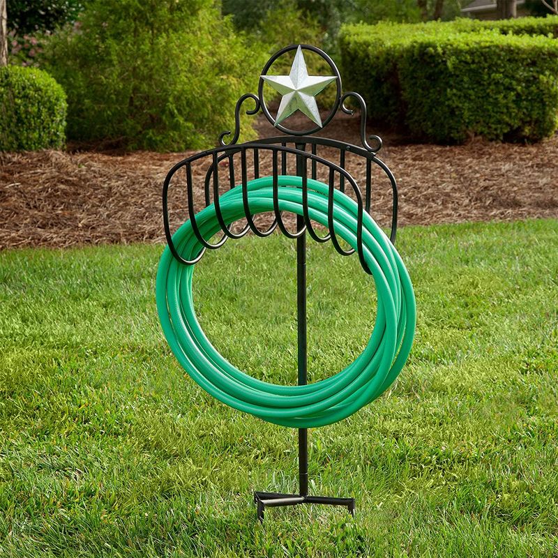 Liberty Garden Decorative Manger Style Water Hose Stand Holder Hanger with Star Top Design for Backyard with Heavy Duty 3 Prong Anchor Support, Black